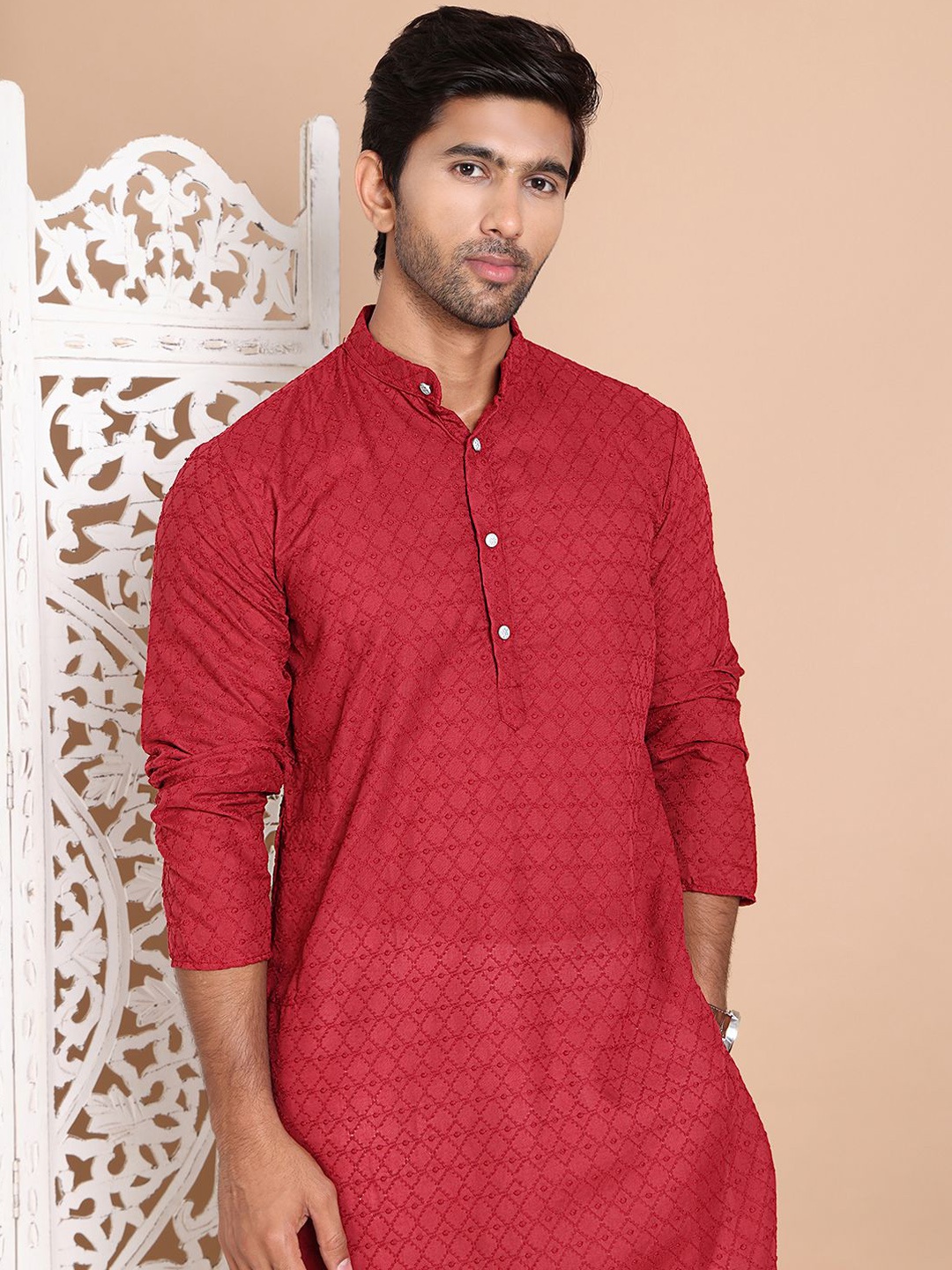 

Anouk Men Embroidered Regular Chikankari Pure Cotton Kurta with Pyjamas, Maroon