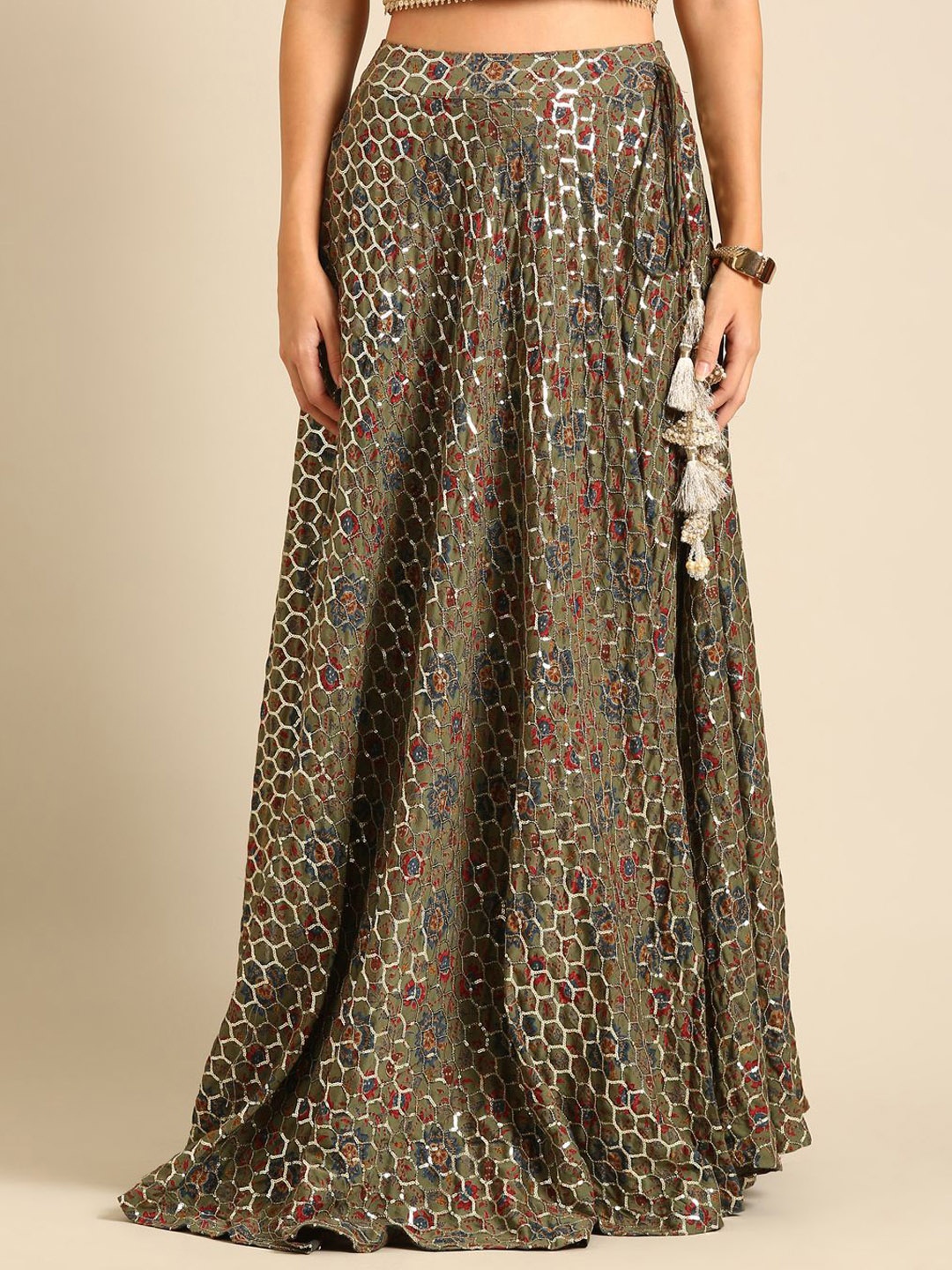 

De Moza Printed Flared Maxi Skirts, Green