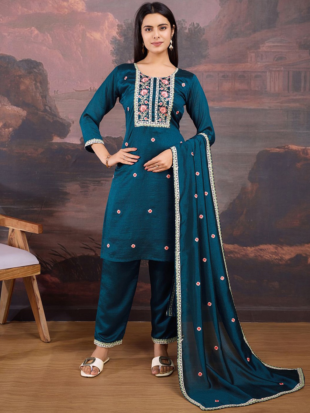 

House of Pataudi Floral Embroidered Kurta & Trousers With Dupatta, Blue