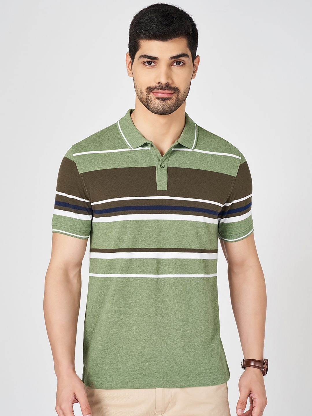 

BYFORD by Pantaloons Men Striped Polo Collar Cotton Slim Fit T-shirt, Olive