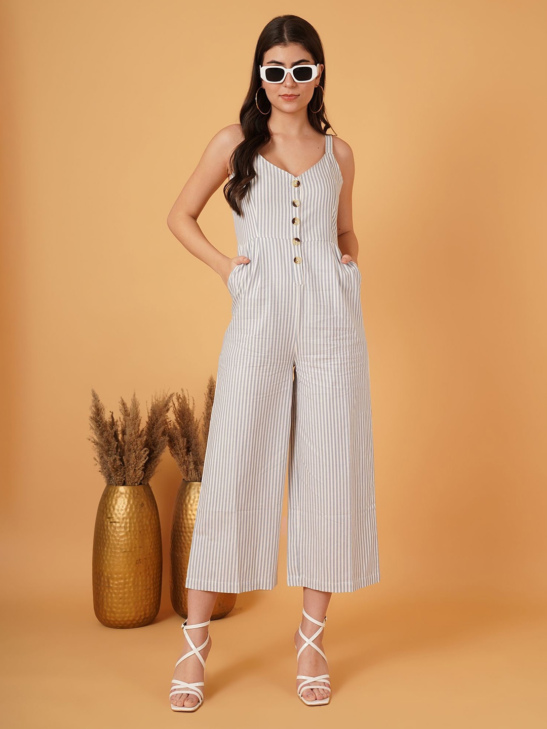 

HOUSE OF KKARMA Striped Capri Jumpsuit, White