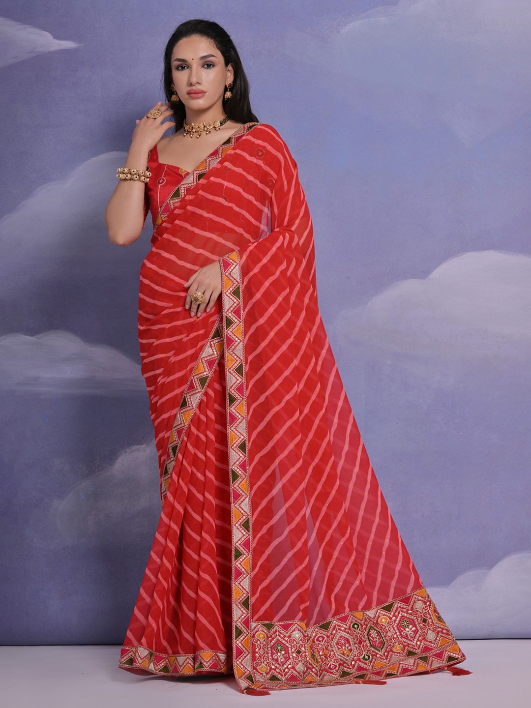 

Mitera Leheriya Embroidered Sequinned Saree, Red