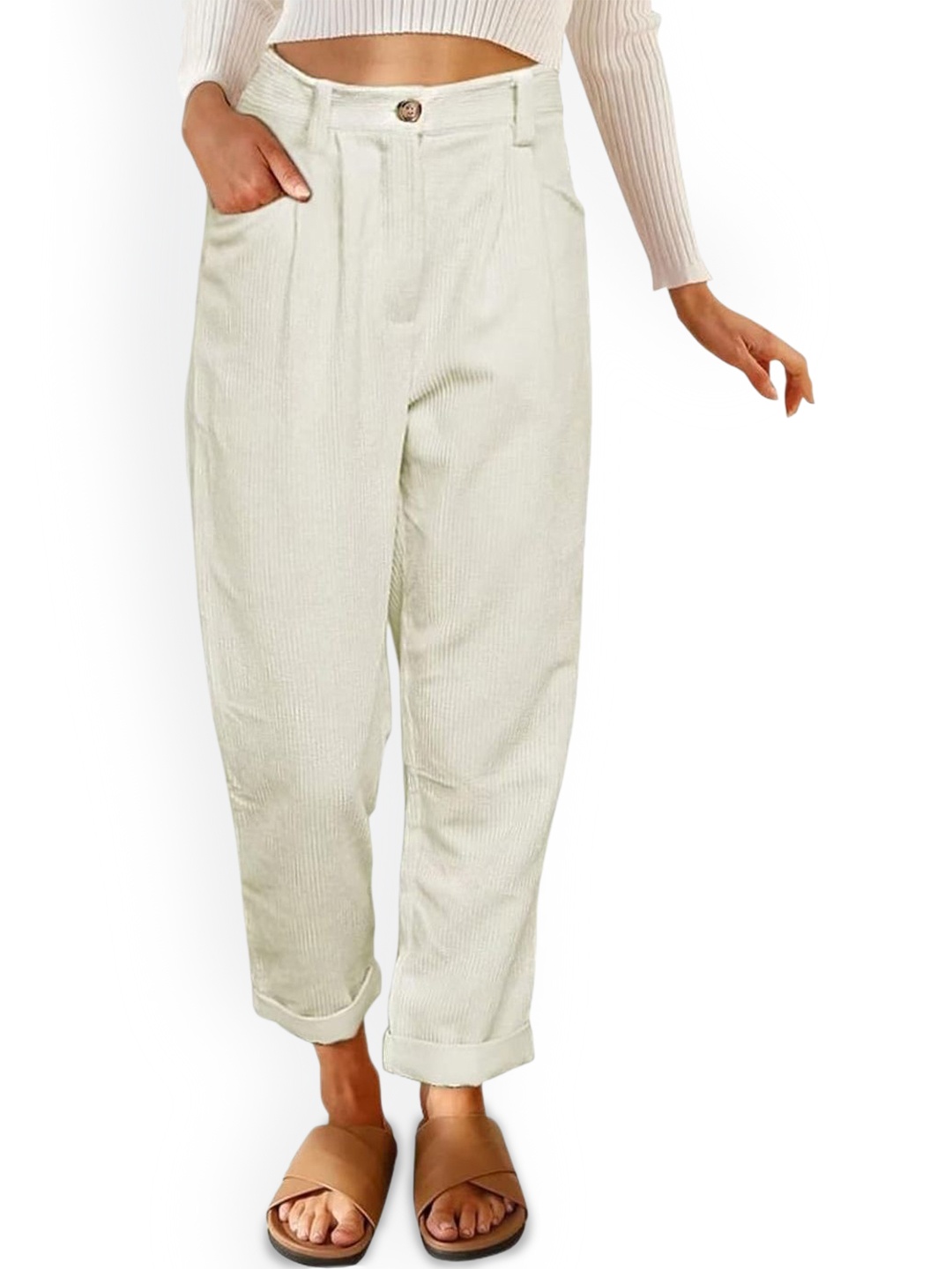 

KPOP Women Original Ribbed Pleated Cropped Trousers, Off white