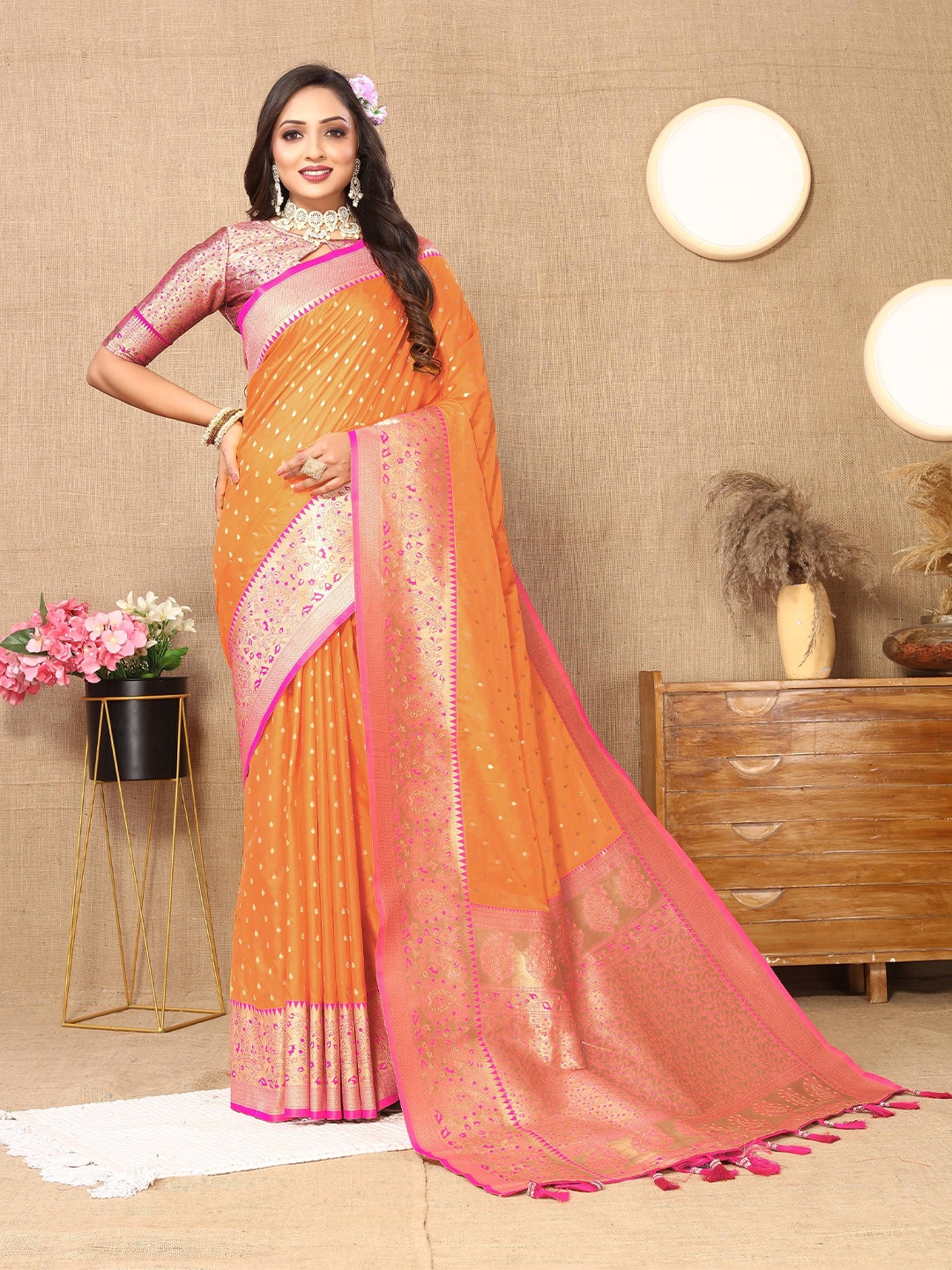 

Zeekha Woven Design Zari Pure Silk Kanjeevaram Saree, Orange