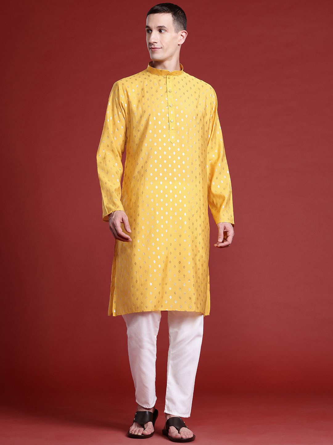 

MANQ Ethnic Motifs Woven Design Mandarin Collar Pure Cotton Straight Kurta, Yellow
