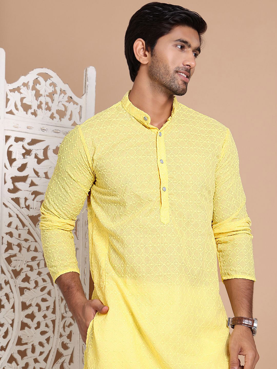 

Anouk Men Embroidered Regular Chikankari Pure Cotton Kurta with Pyjamas, Yellow