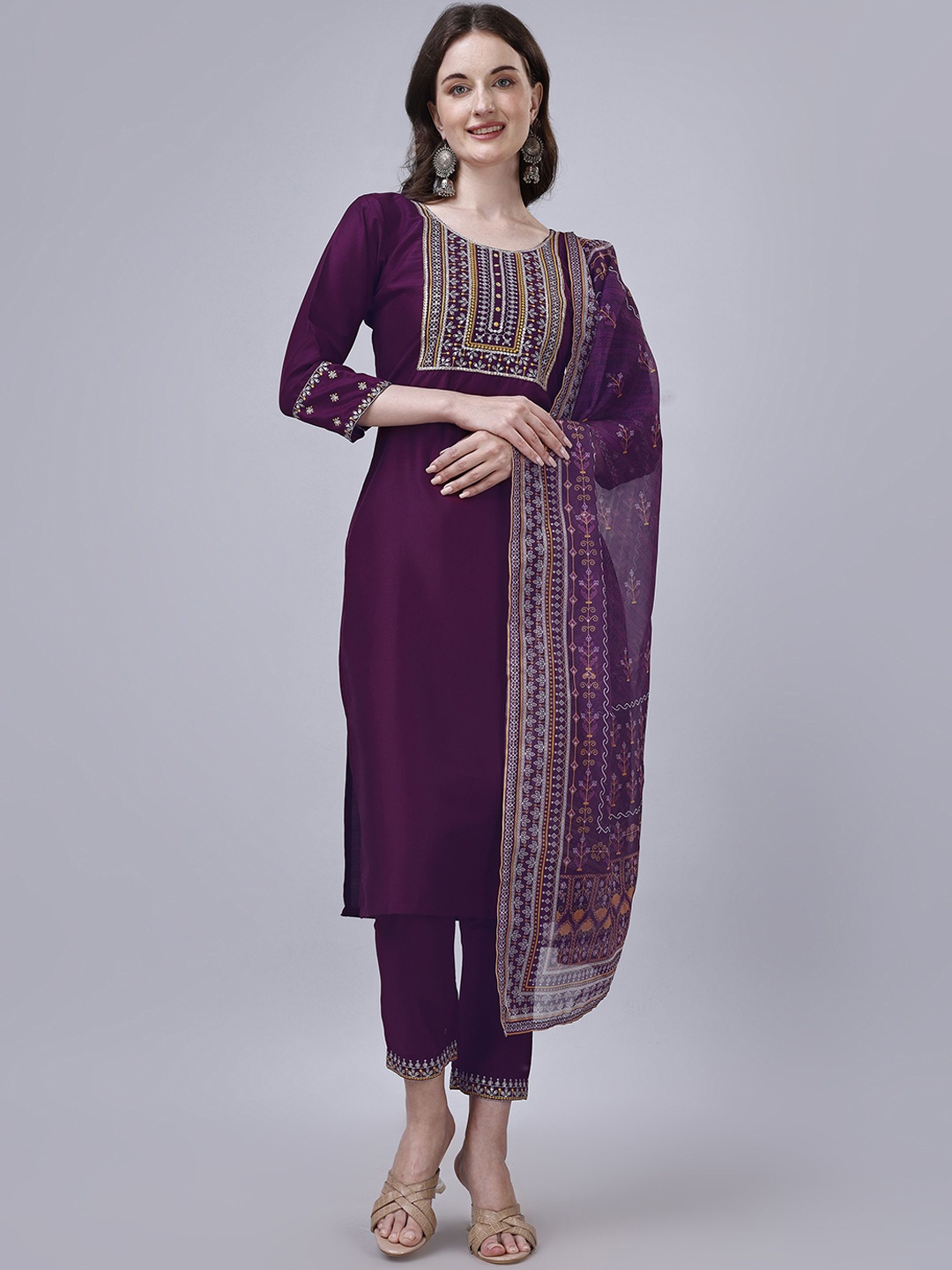 

Rujave Floral Embroidered Regular Zari Straight Kurta with Trousers & Dupatta, Purple