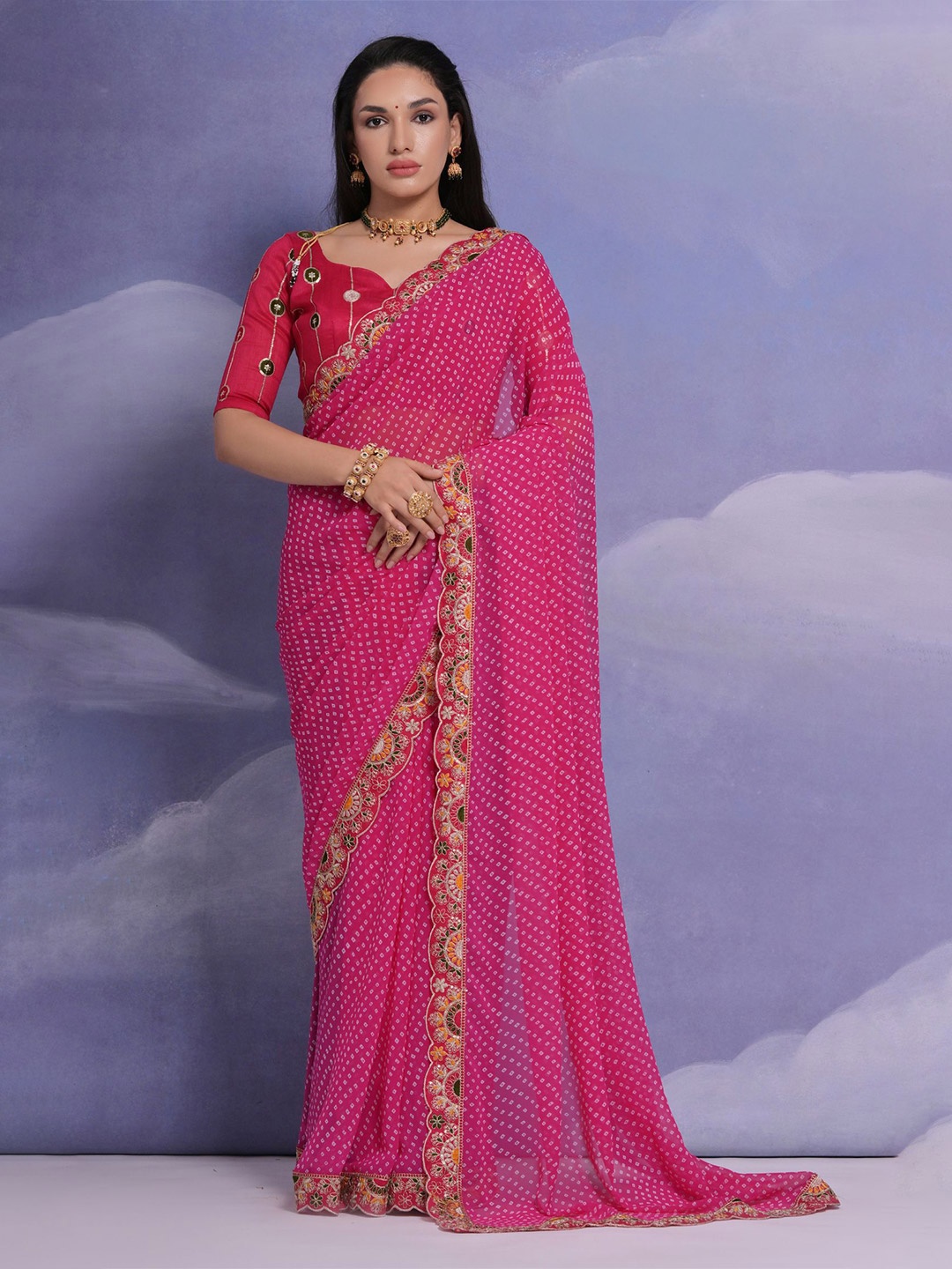 

Mitera Bandhani Printed Sequinned Saree, Pink