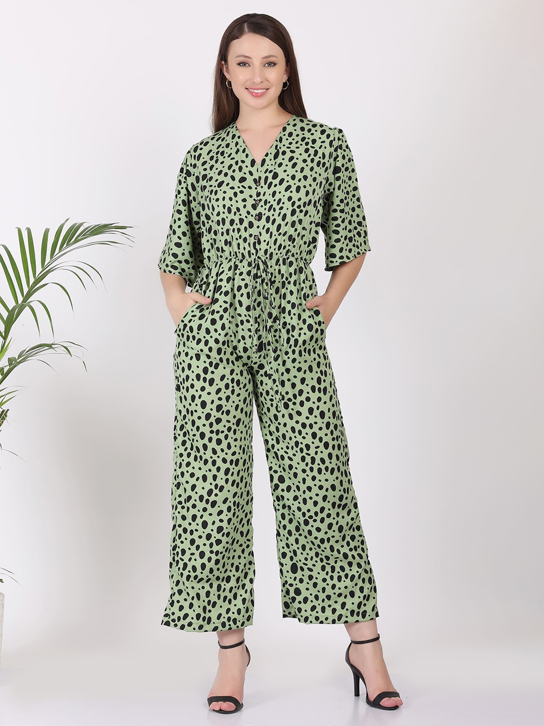

BAESD Women V-Neck Printed Basic Jumpsuit, Green