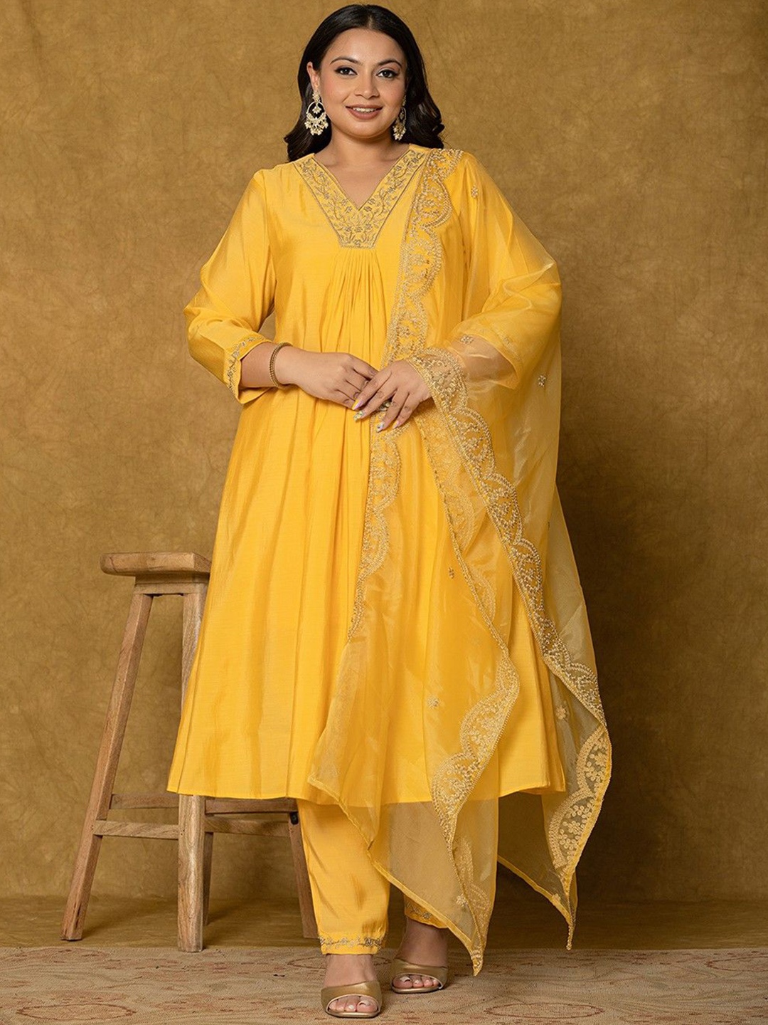 

Yufta Plus Size Floral Yoke Design Thread Work A-Line Kurta with Trousers & Dupatta, Yellow