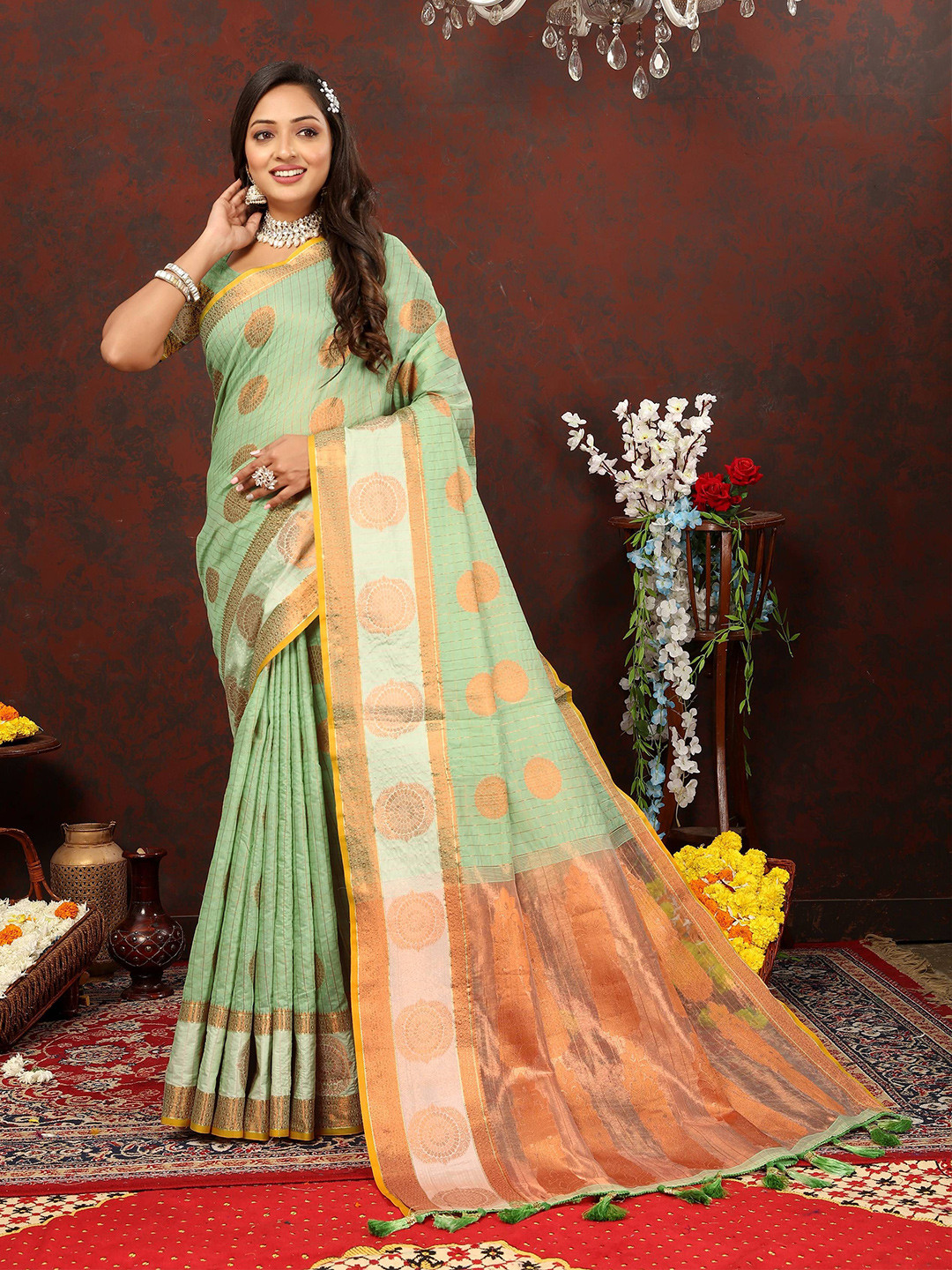

Zeekha Woven Design Zari Pure Silk Kanjeevaram Saree, Sea green