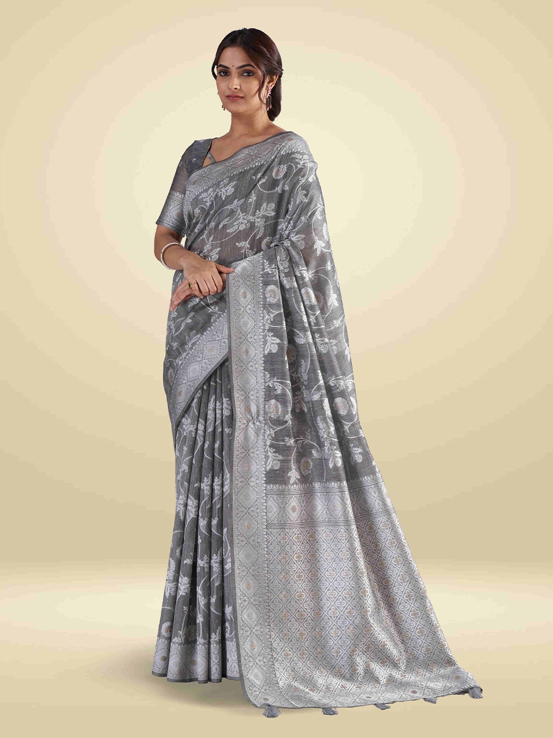 

SARHA Floral Woven Design Zari Pure Cotton Saree, Grey