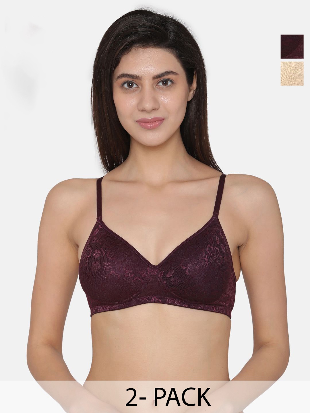 

Clovia Pack of 2 Floral Printed Lace Padded Non-Wired Full Coverage Bra, Beige