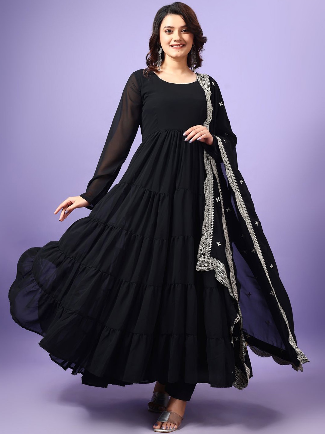 

KALINI Round Neck Tiered Gotta Patti Anarakli Kurta With Trousers & Dupatta, Black