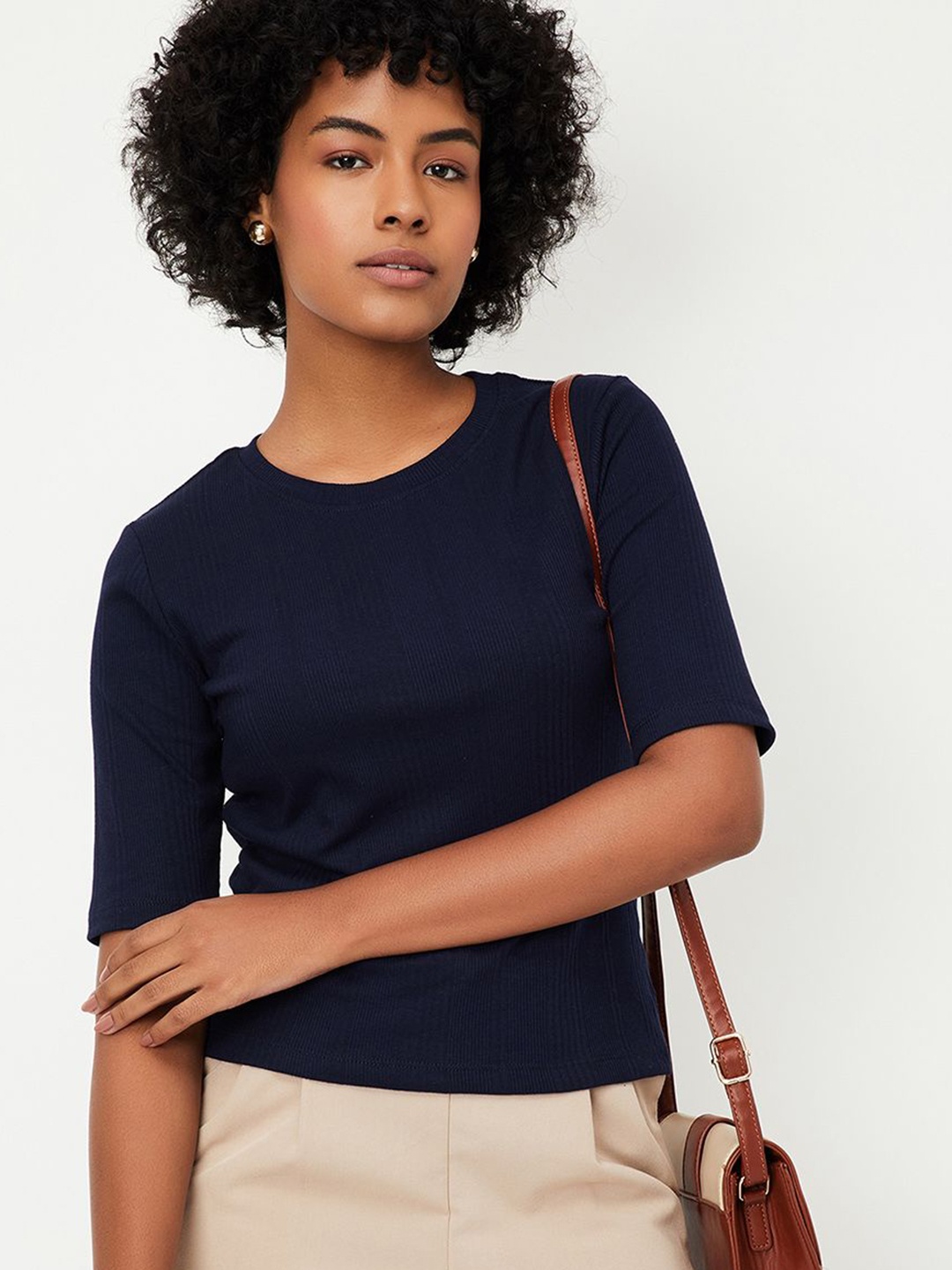 

max Women Solid Round Neck Cotton T-shirt, Navy blue