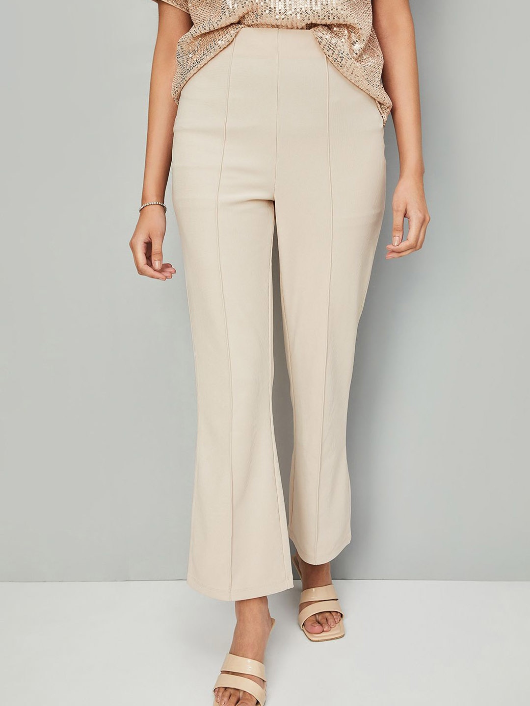 

Max x Kalki Women Flared Knit Trousers, Beige