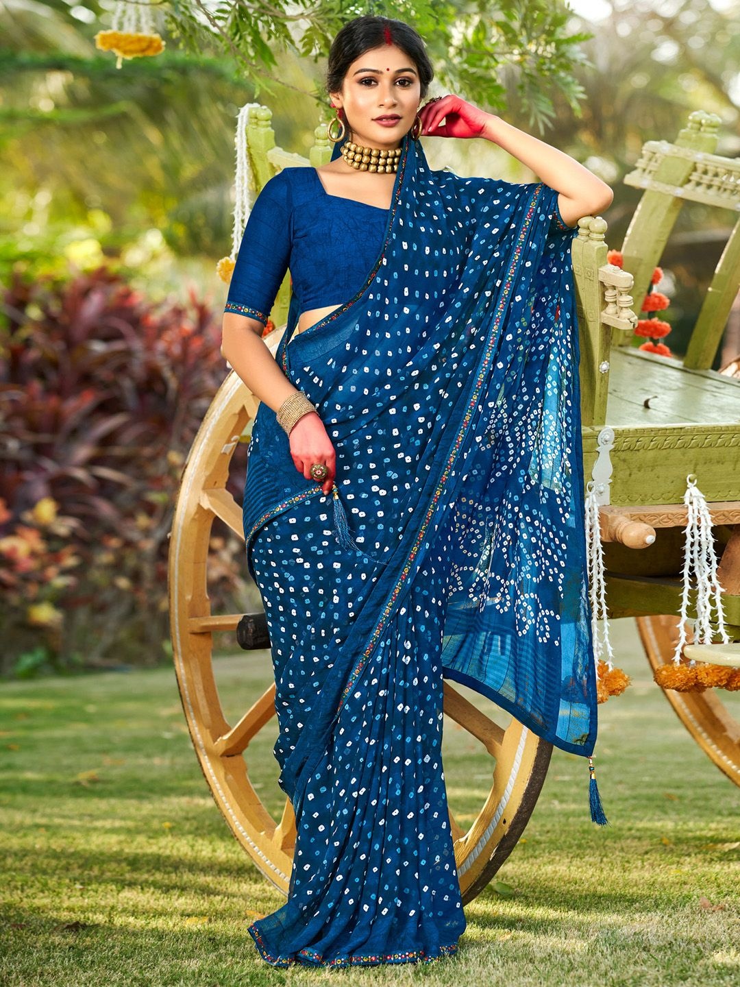 

Saree mall Bandhani Printed Mirror Work Bandhani Sarees, Navy blue