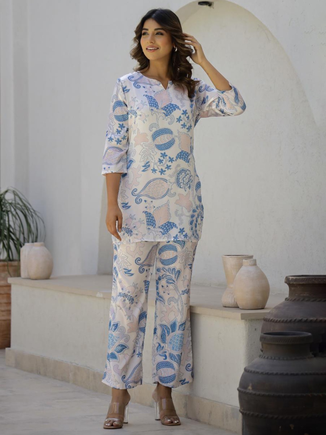 

FLAVIA CREATION Printed Pure Cotton Top With Trousers, White