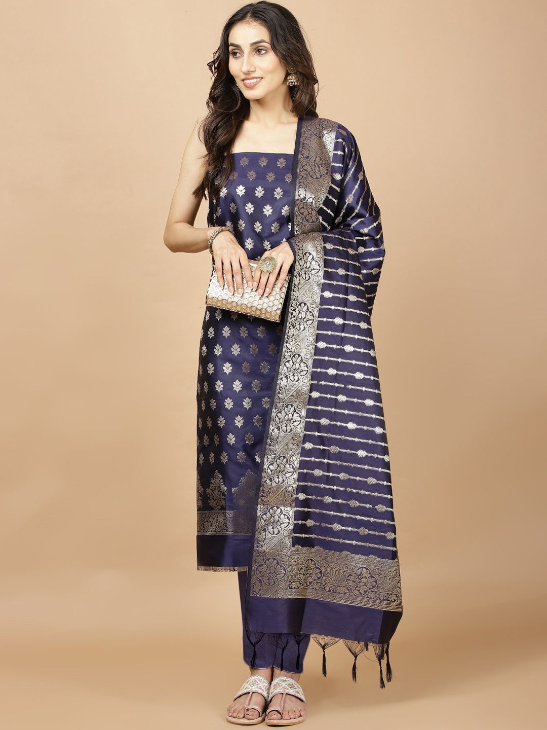 

Meena Bazaar Woven Design Unstitched Dress Material, Navy blue
