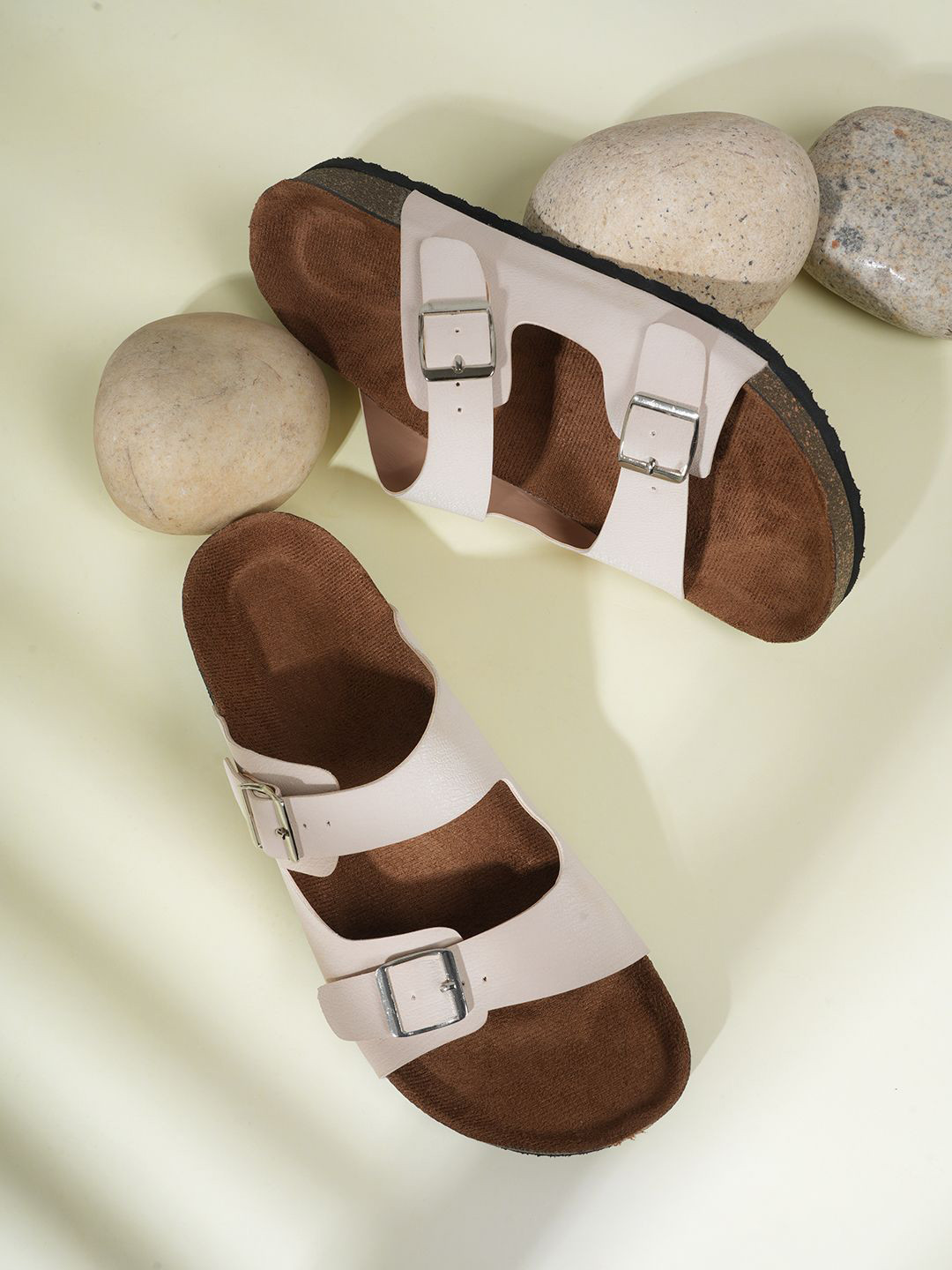 

MOZAFIA Women Open Toe Flats with Buckles, Cream