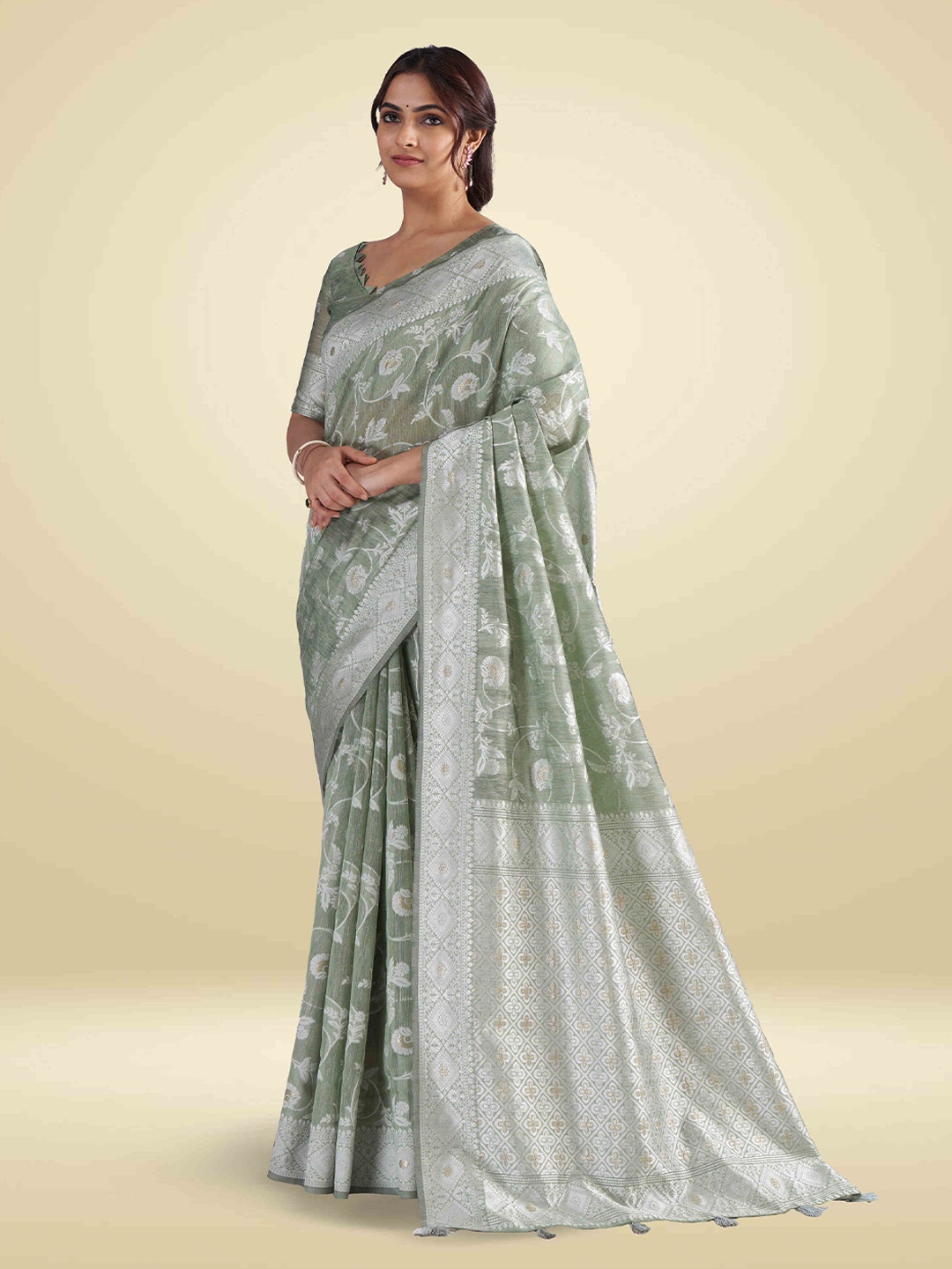 

SARHA Floral Zari Pure Cotton Saree, Green