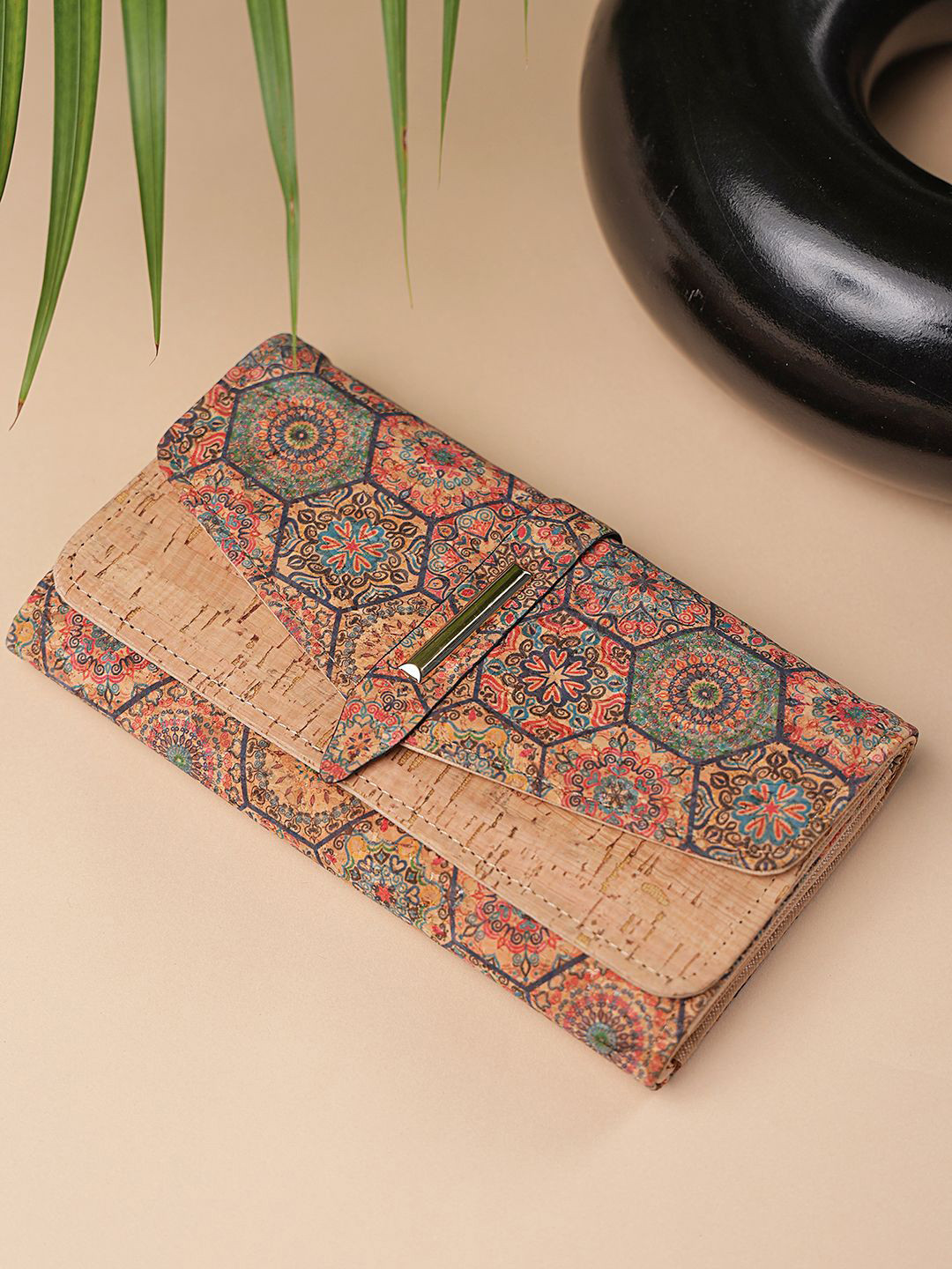 

SAZARA Floral Printed Foldover Clutch, Beige