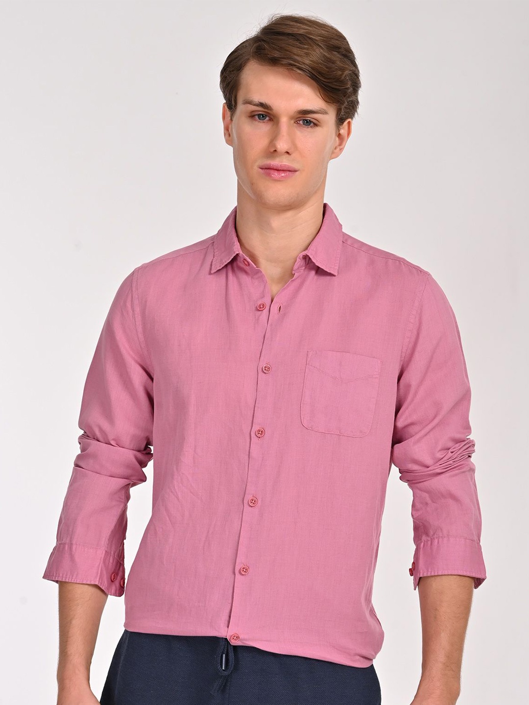 

POE Men Smart Slim Fit Opaque Casual Shirt, Pink