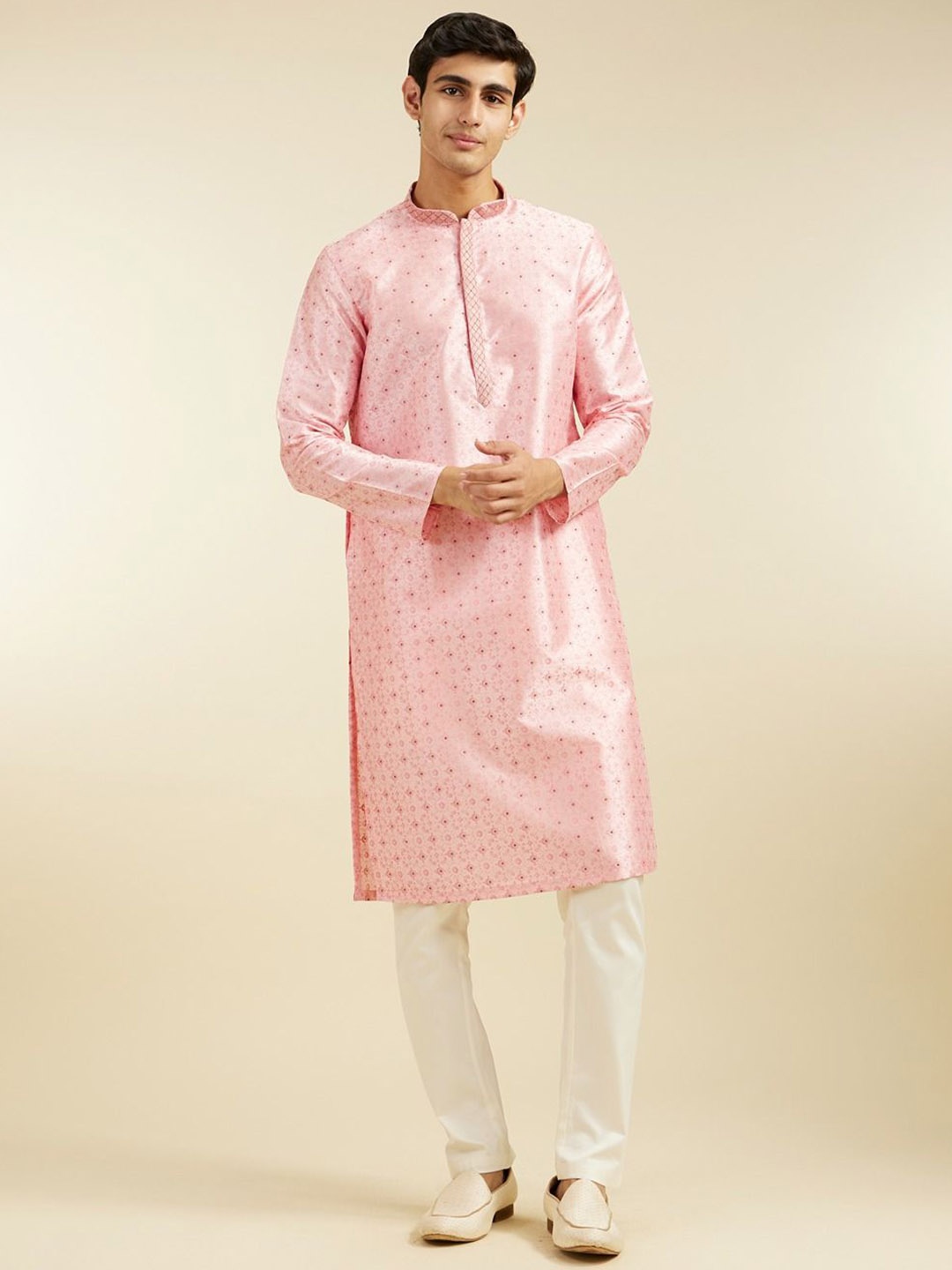 

Diwas by Manyavar Floral Printed Beads and Stone Work Mandarin Collar Straight Kurta, Pink