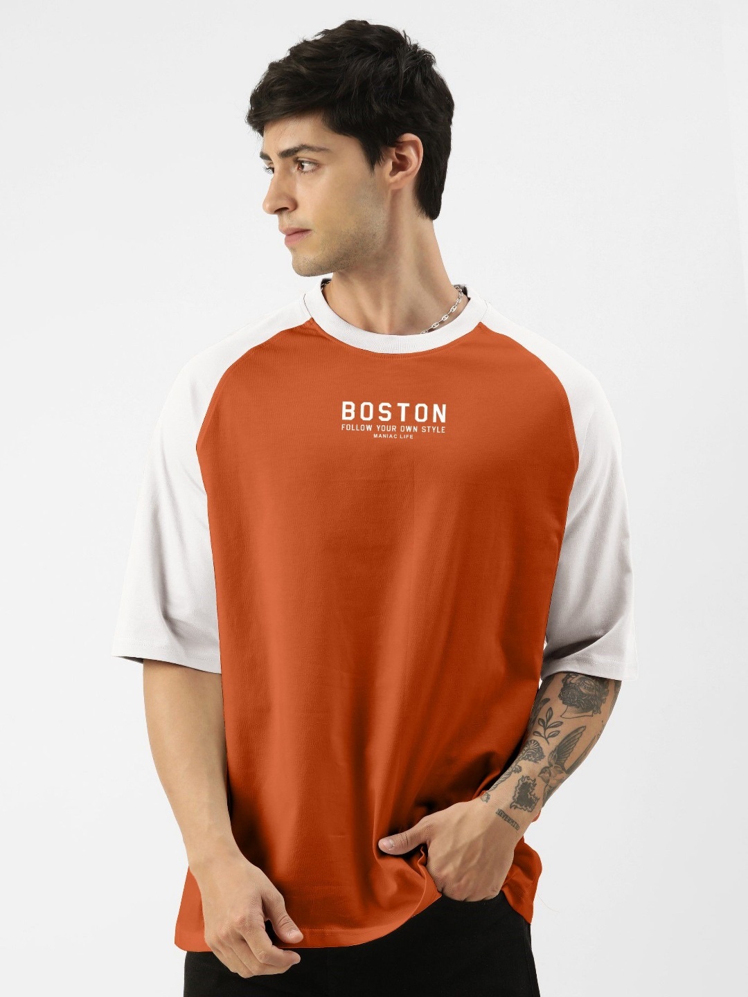 

Maniac Men Typography Printed Round Neck Cotton Oversized T-shirt, Rust