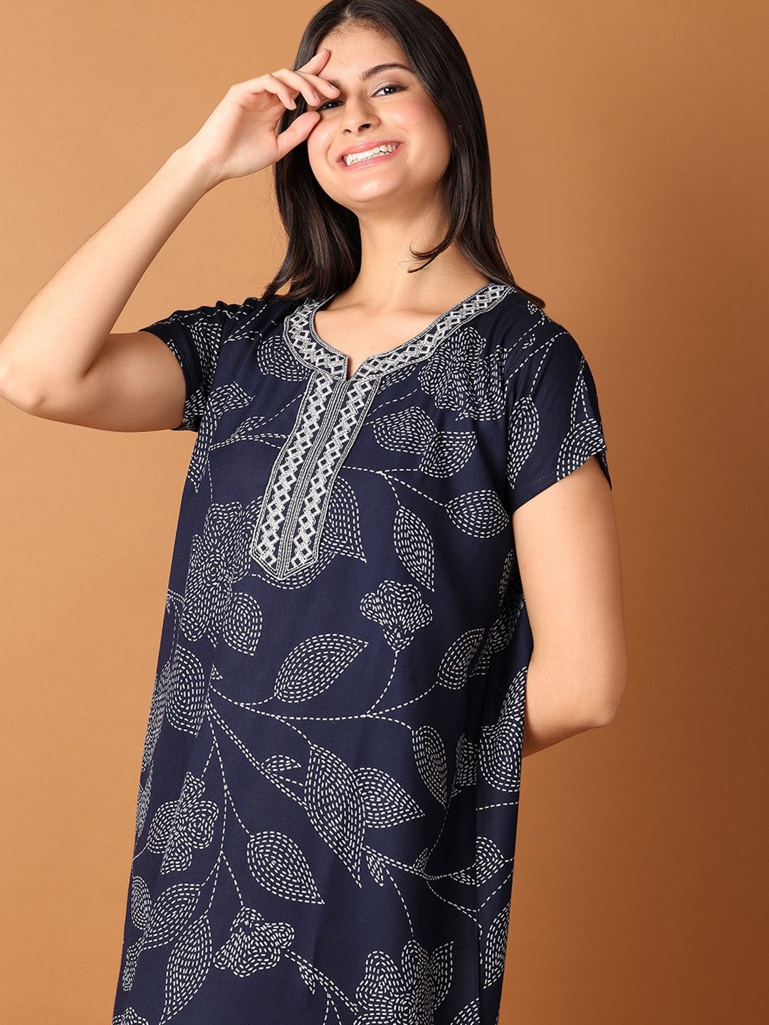 

V-Mart Women Printed Maxi Printed Nightdress, Navy blue