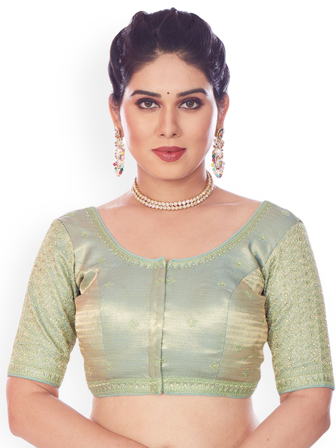 

Mmore Embroidered Round Neck Saree Blouse, Green