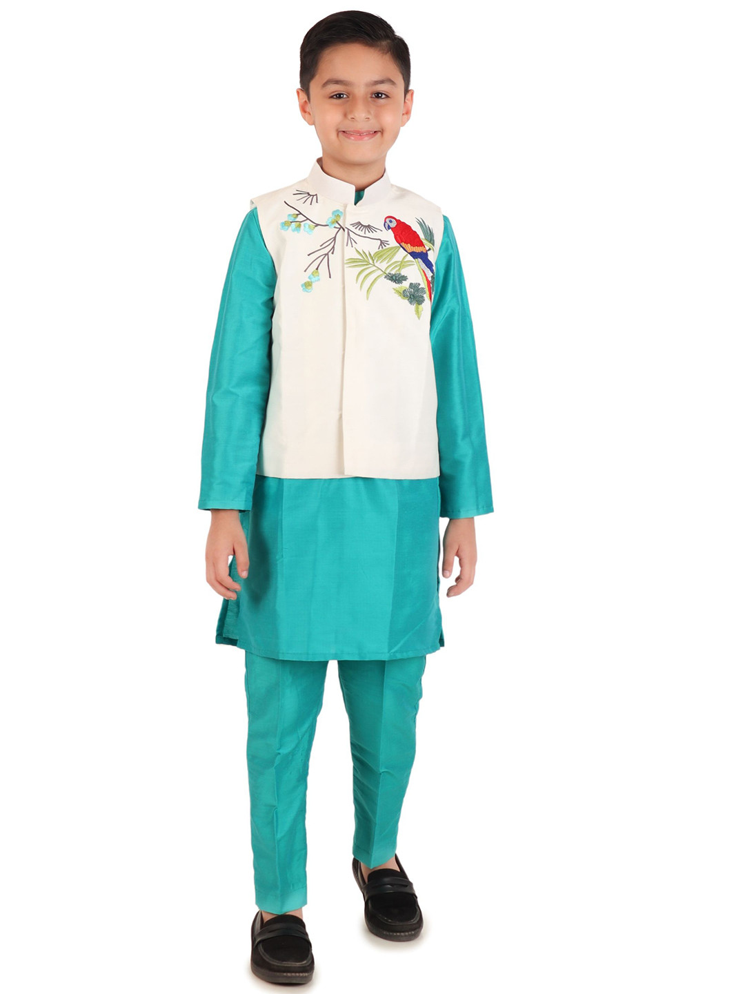 

Kiddorama Boys Thread Work Cotton Silk Straight Kurta With Pyjama And Nenru Jacket, Blue