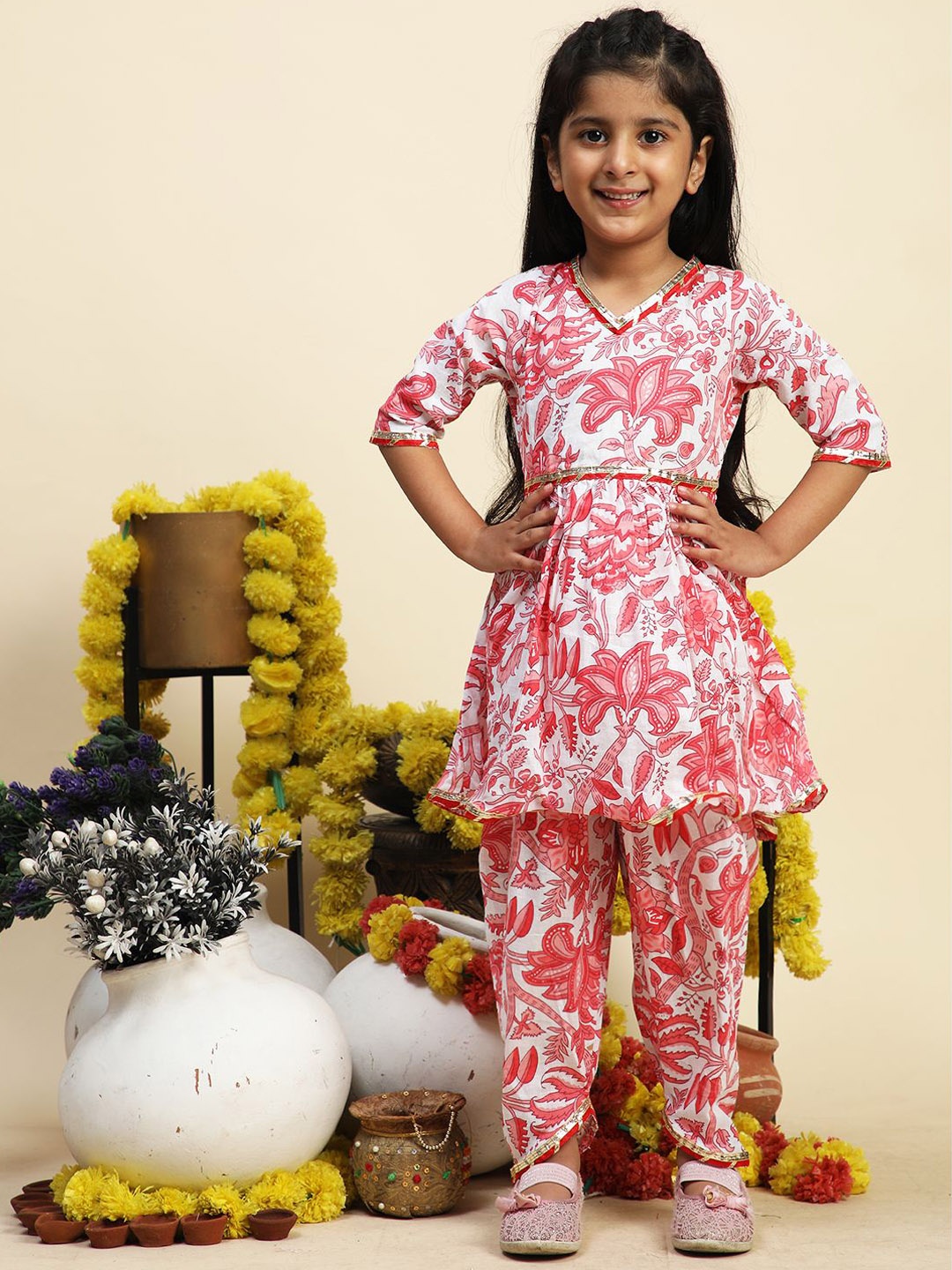 

Cutiekins Girls Floral Printed Regular Gotta Patti Kurta with Dhoti Pants, Coral