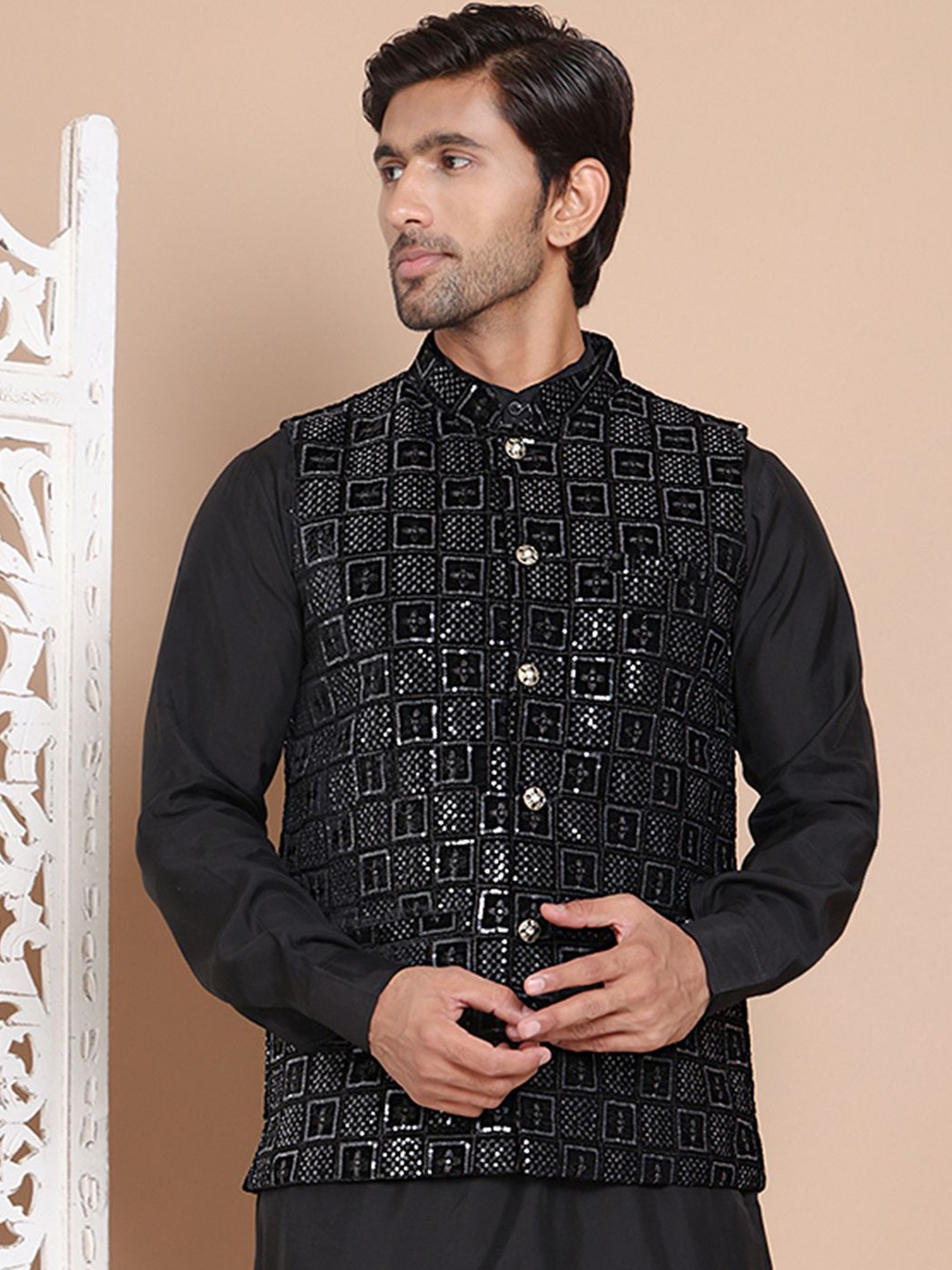 

Anouk Sequins Velvet Nehru Jacket, Black