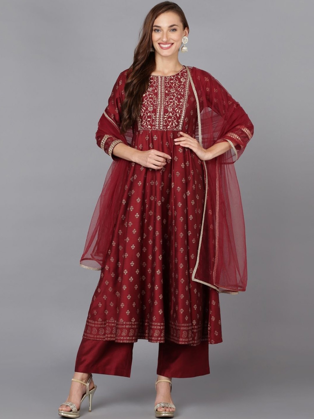 

AHIKA Maroon Ethnic Motifs Embroidered Mirror Work Anarkali Kurta with Palazzos & Dupatta