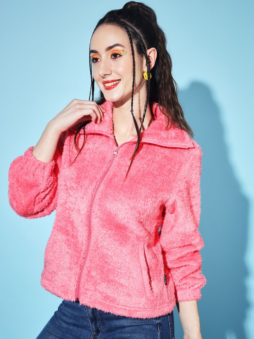 

The Dry State Women Solid Front Zip Open Sweaters, Rose