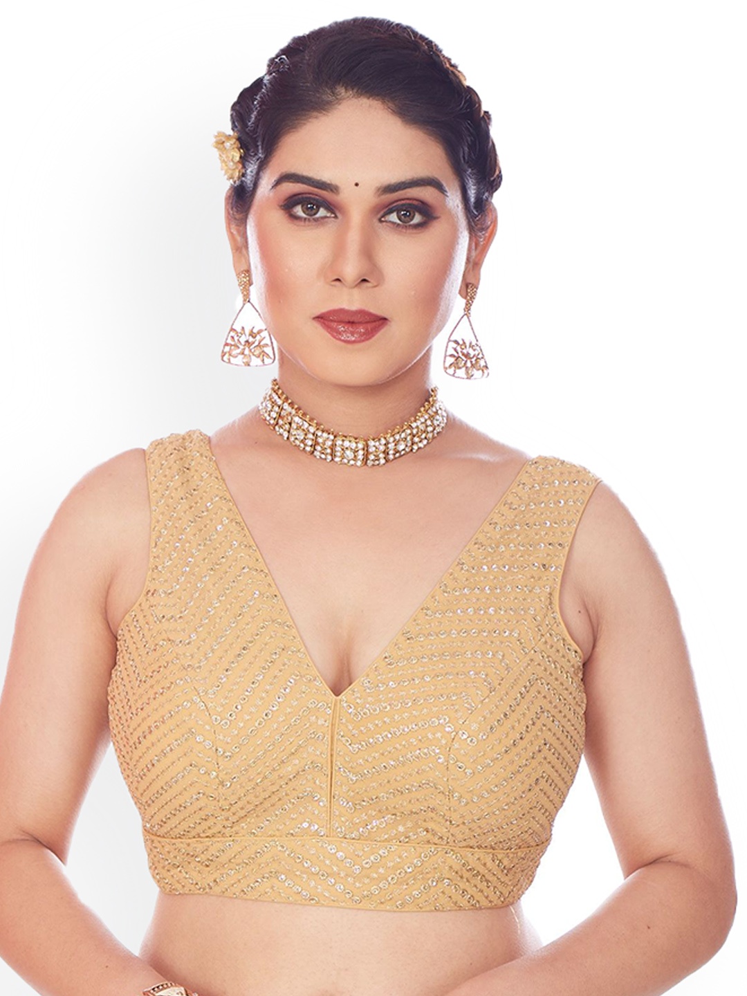 

Mmore Embroidered V Neck Saree Blouse, Gold