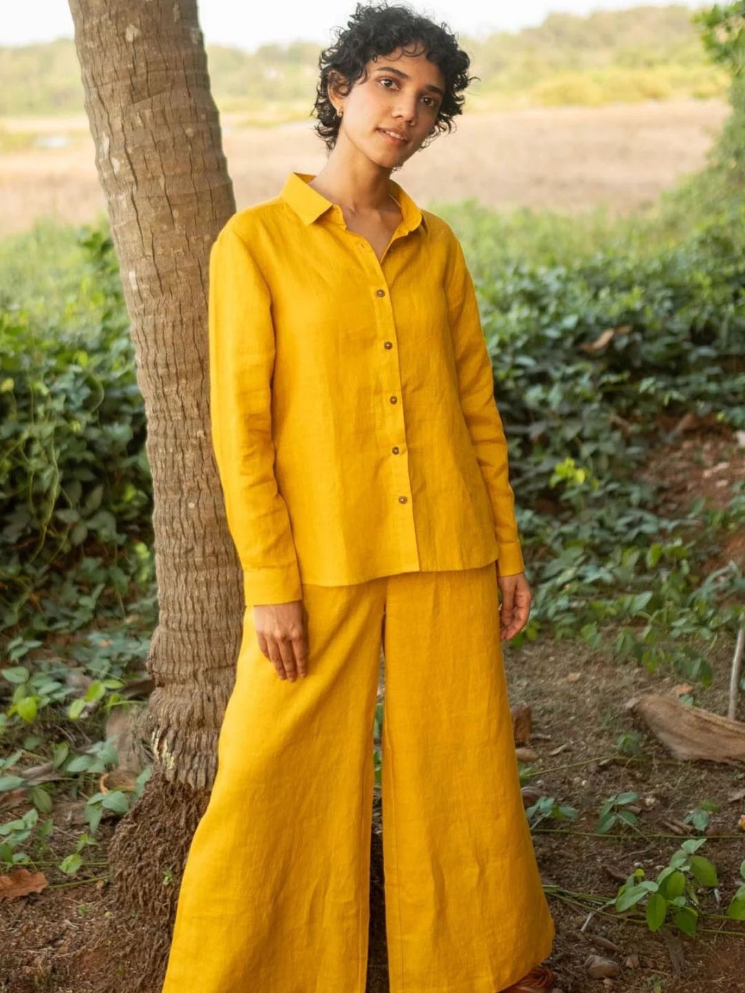 

Creatures of Habit Women Linen Co-ord Set with Day Shirt and Oversized Pants, Mustard