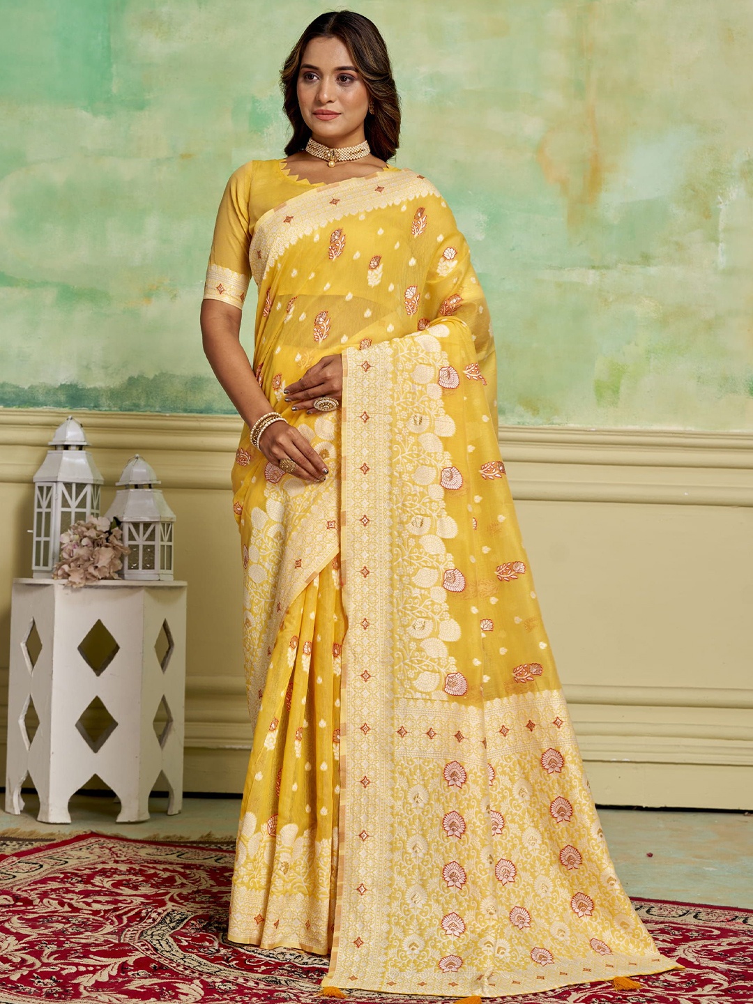 

KAYOMMI Ethnic Motifs Zari Pure Cotton Banarasi Saree, Yellow
