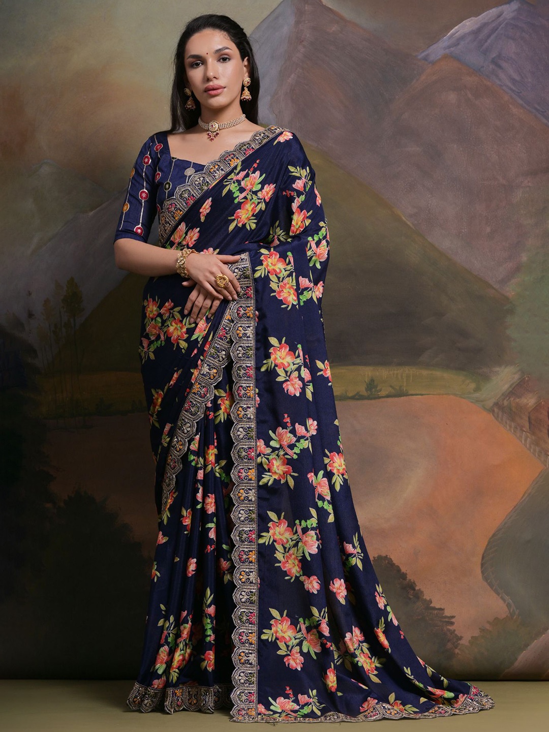 

Mitera Floral Printed Sequinned Saree, Blue