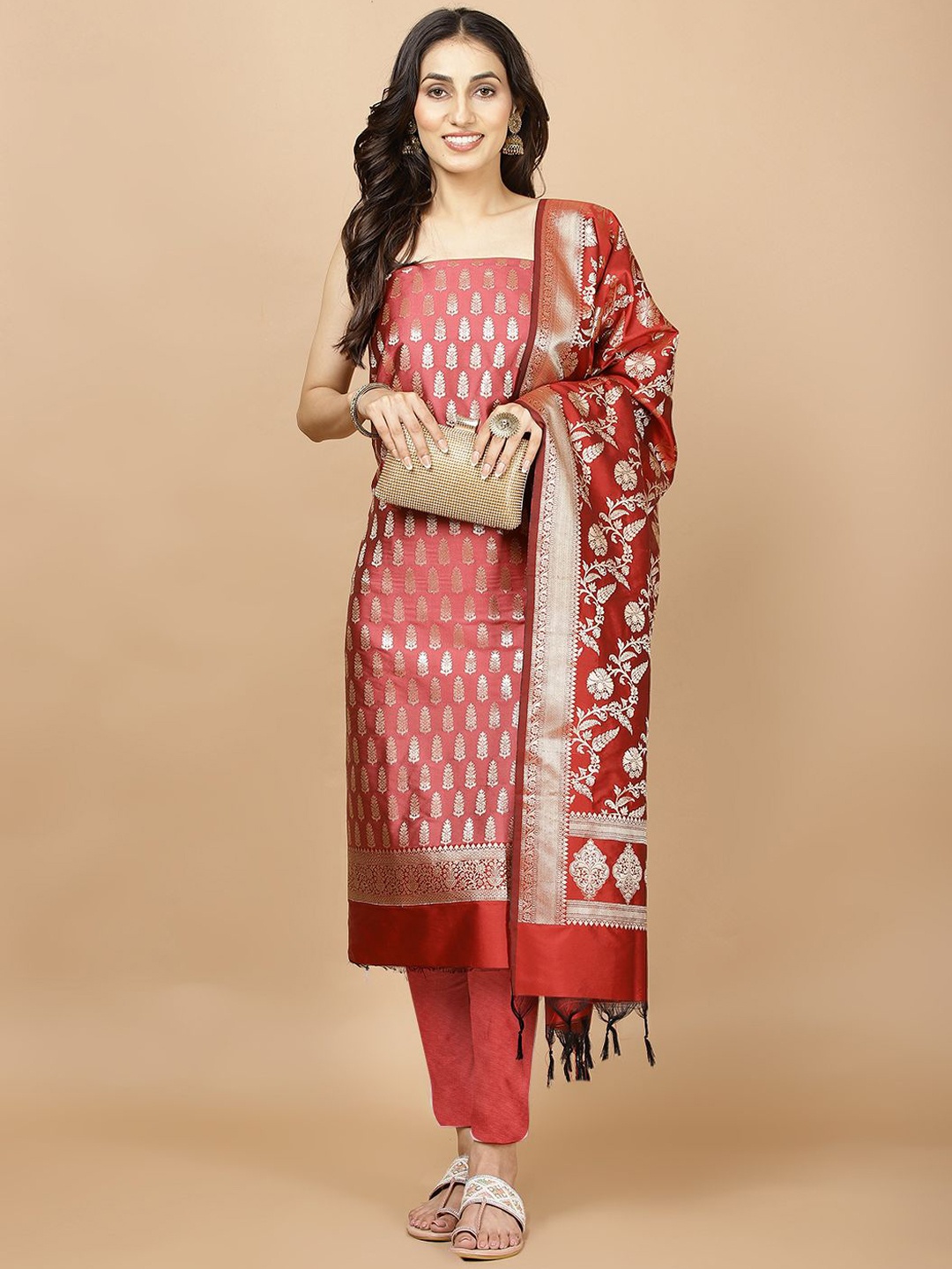 

Meena Bazaar Ethnic Motifs Woven Design Art Silk Unstitched Dress Material, Pink