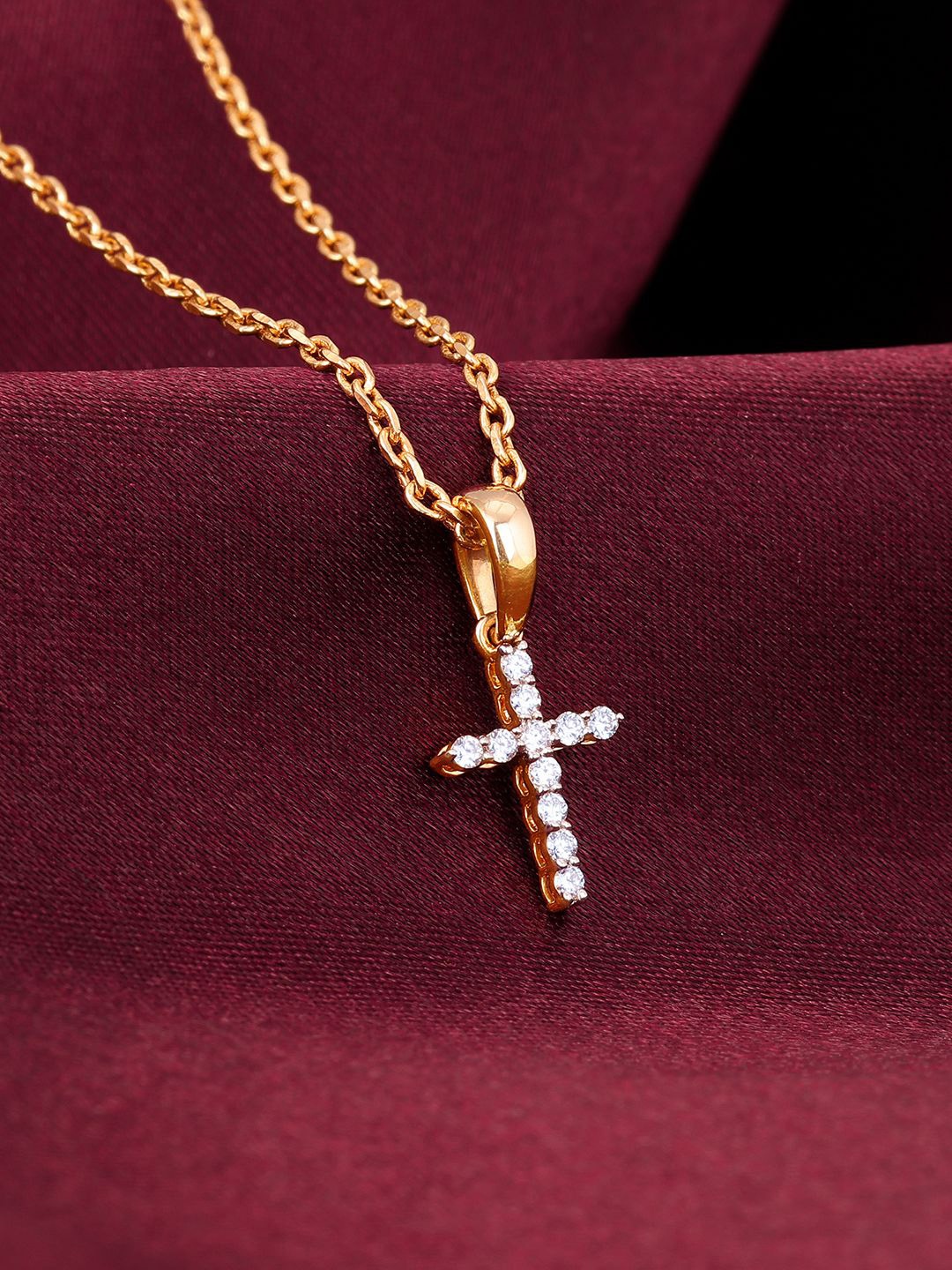 

GIVA 14KT BIS Hall Mark Gold Holy Cross Diamond Pendant With Chain-0.7g