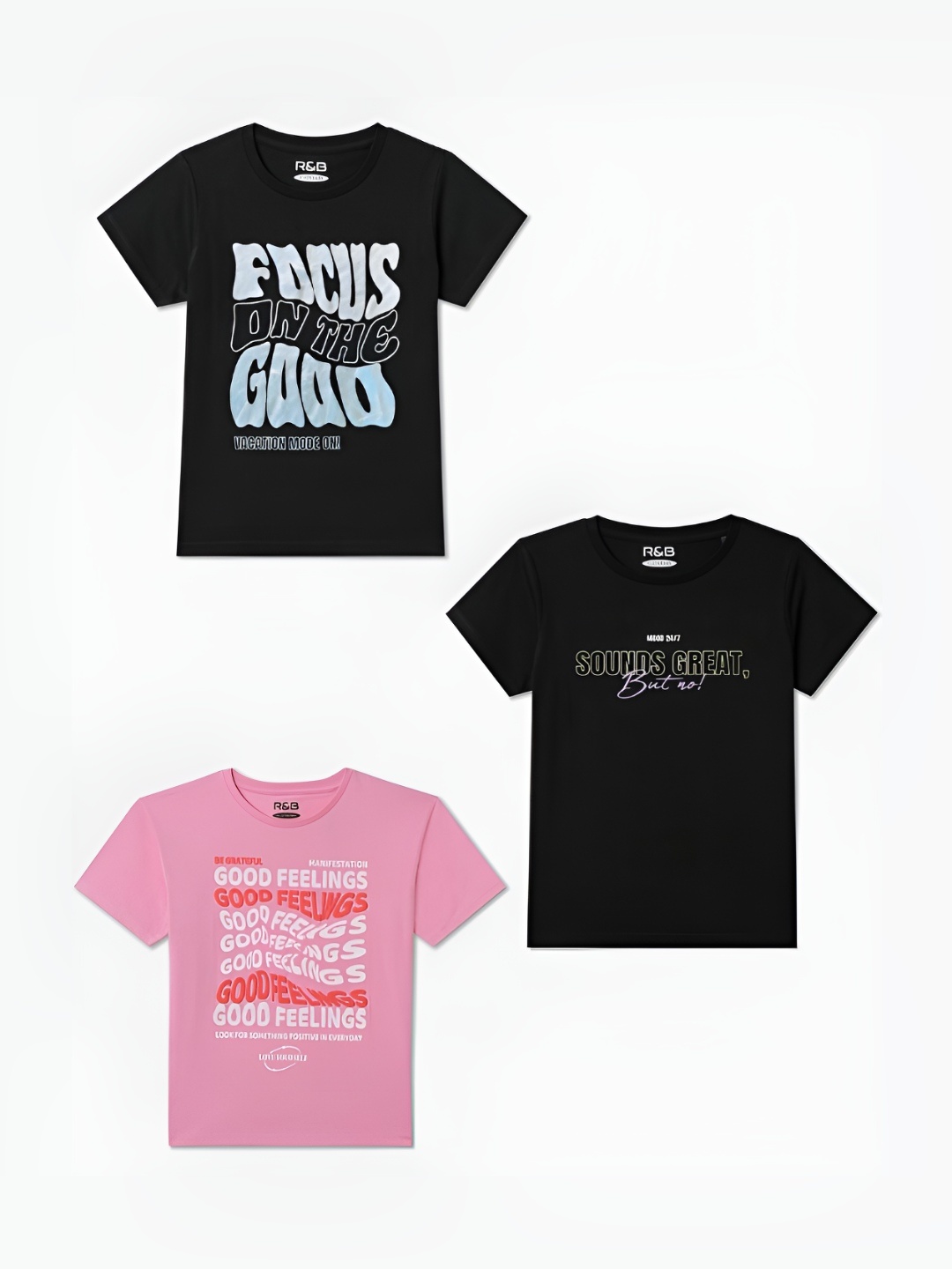

R&B Girls Pack Of 3 Typography Printed Round Neck Cotton T-shirts, Black