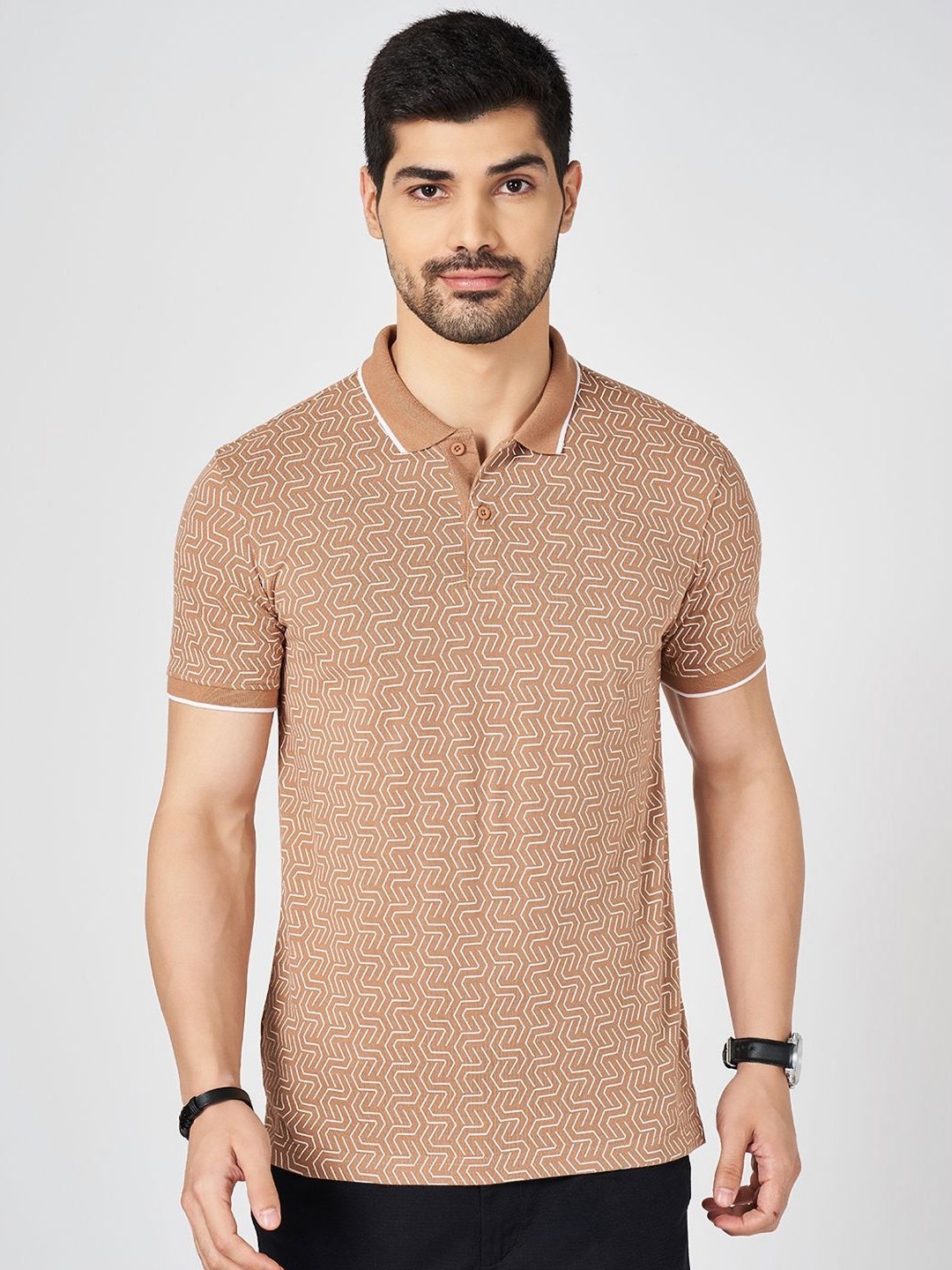 

BYFORD by Pantaloons Men Geometric Printed Polo Collar Cotton Slim Fit T-shirt, Rust