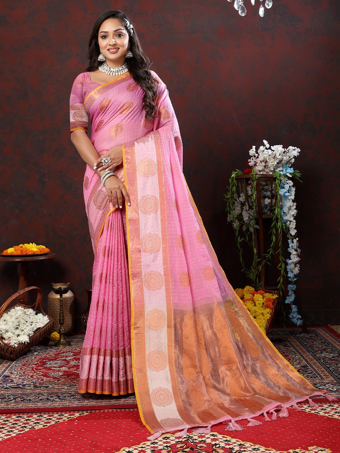 

Zeekha Woven Design Zari Pure Silk Heavy Work Kanjeevaram Saree, Pink