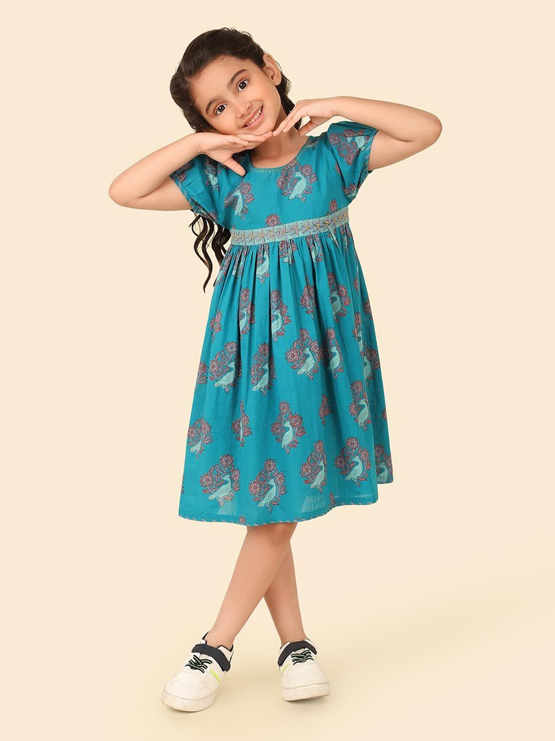 

Fabindia Girls Ethnic Motifs Print Fit & Flare Dress, Teal