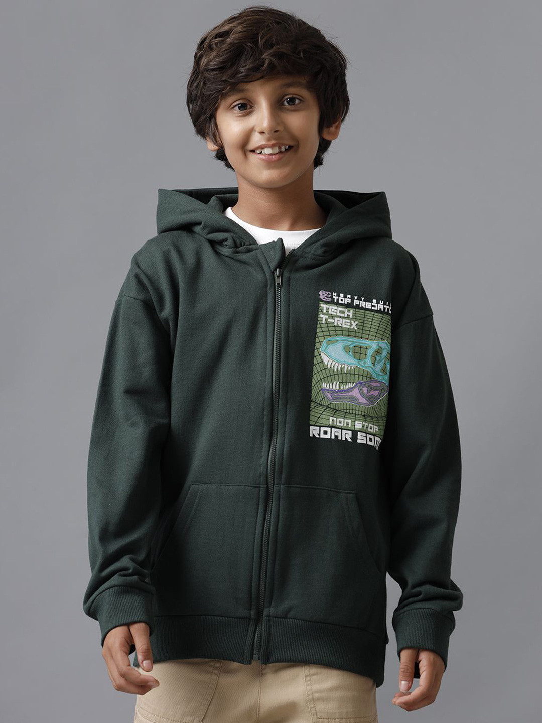 

UNDER FOURTEEN ONLY Boys Typography Printed Hood Cotton Front-Open Sweatshirt, Grey