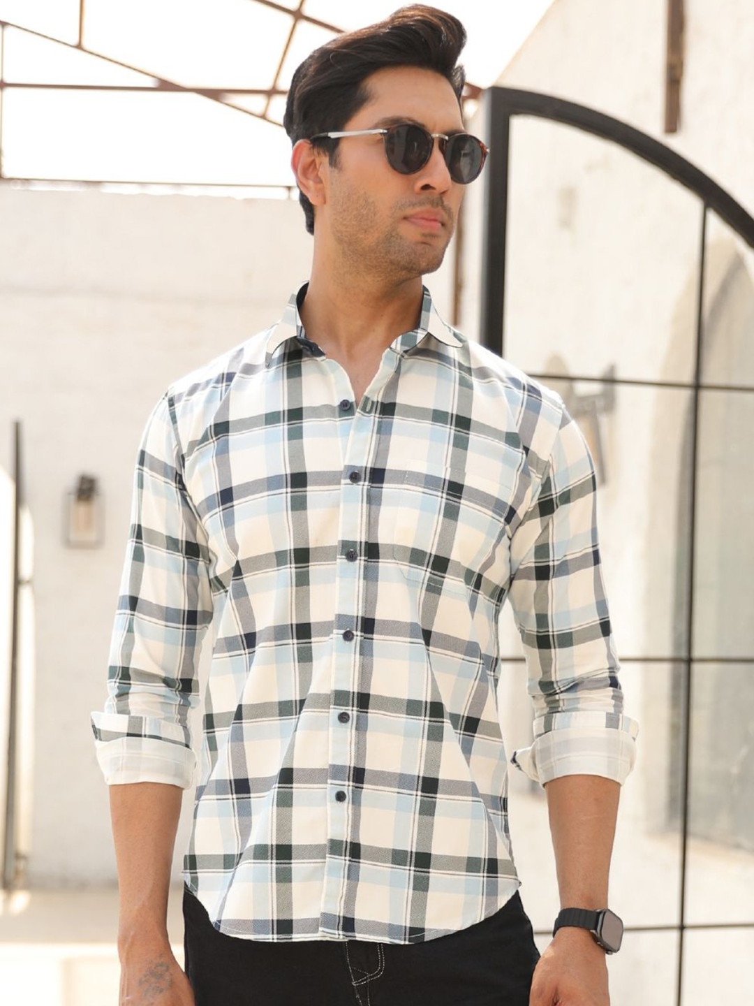 

PERCH Men India Slim Spread Collar Tartan Checked Cotton Casual Shirt, Blue