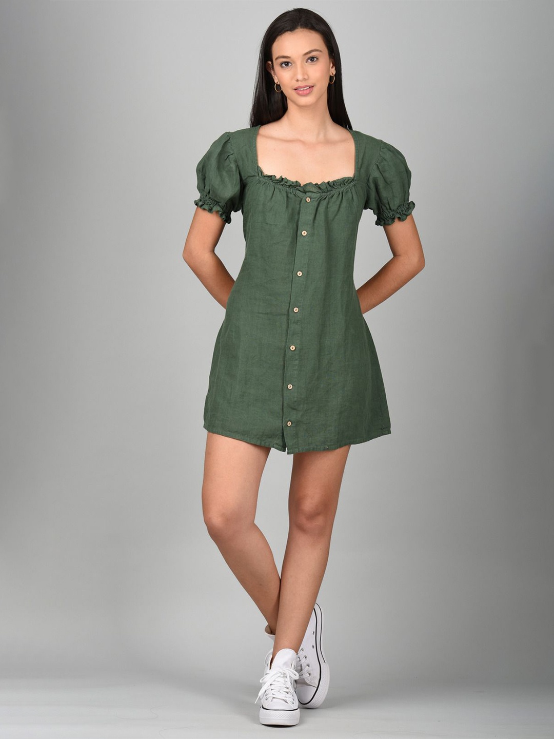 

Linen Options Women Linen Puff Sleeve A-Line Mini Dress, Green