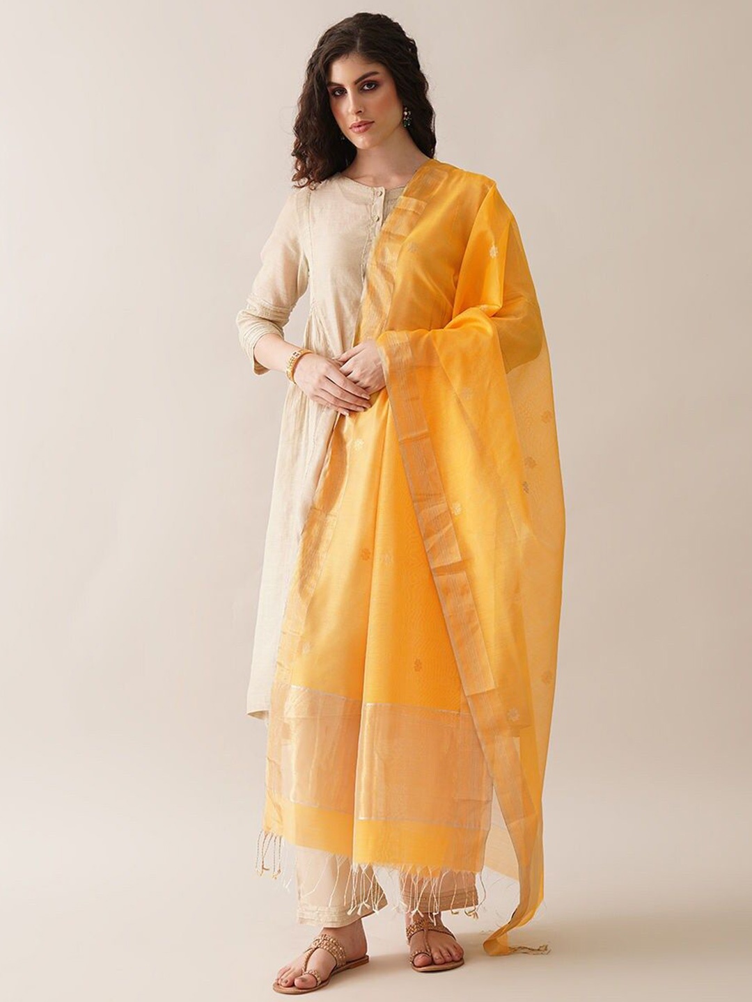 

JAYPORE Woven Design Cotton Silk Dupatta, Yellow